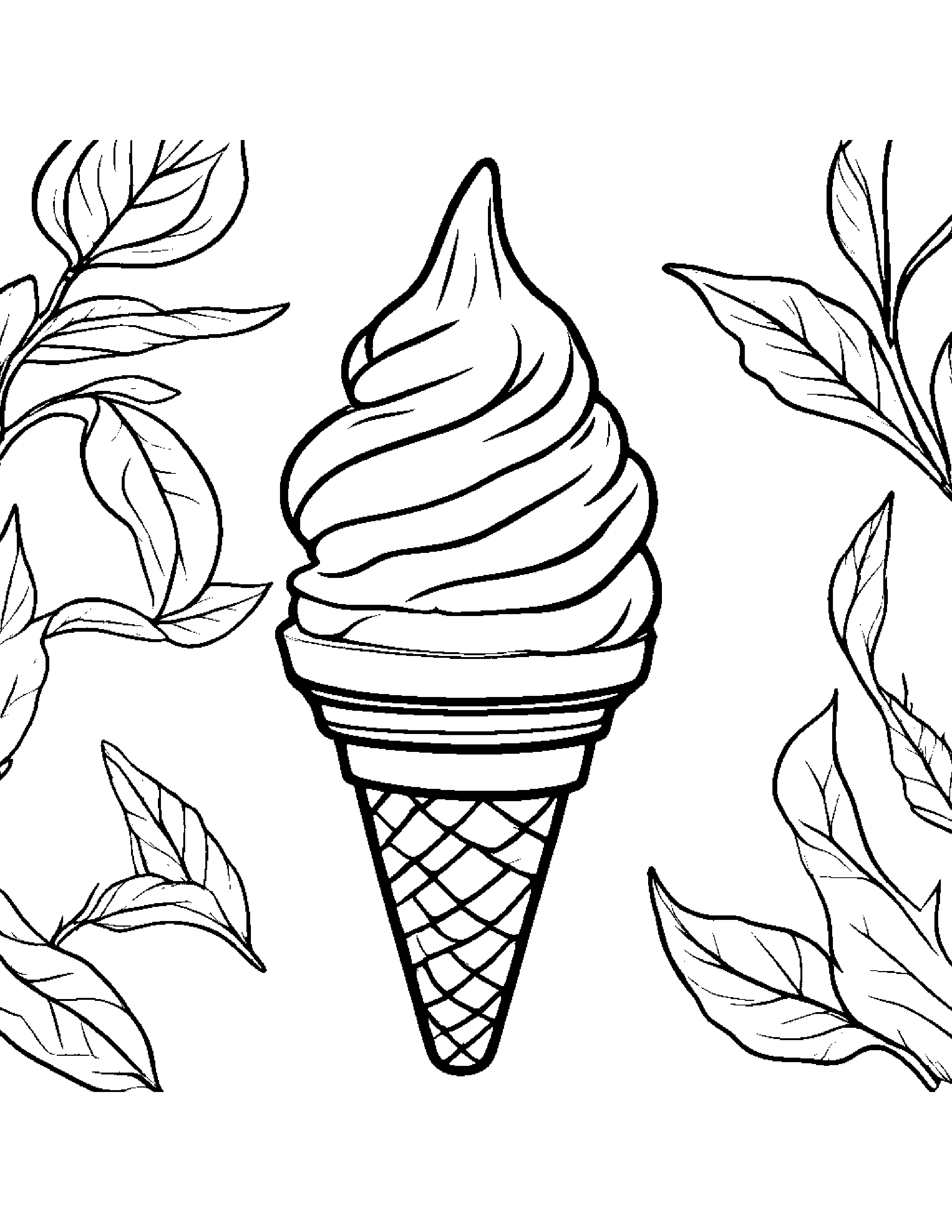 Ice Cream Cone With A Leaf Sprig #5 Coloring Page (Free Printable PDF)