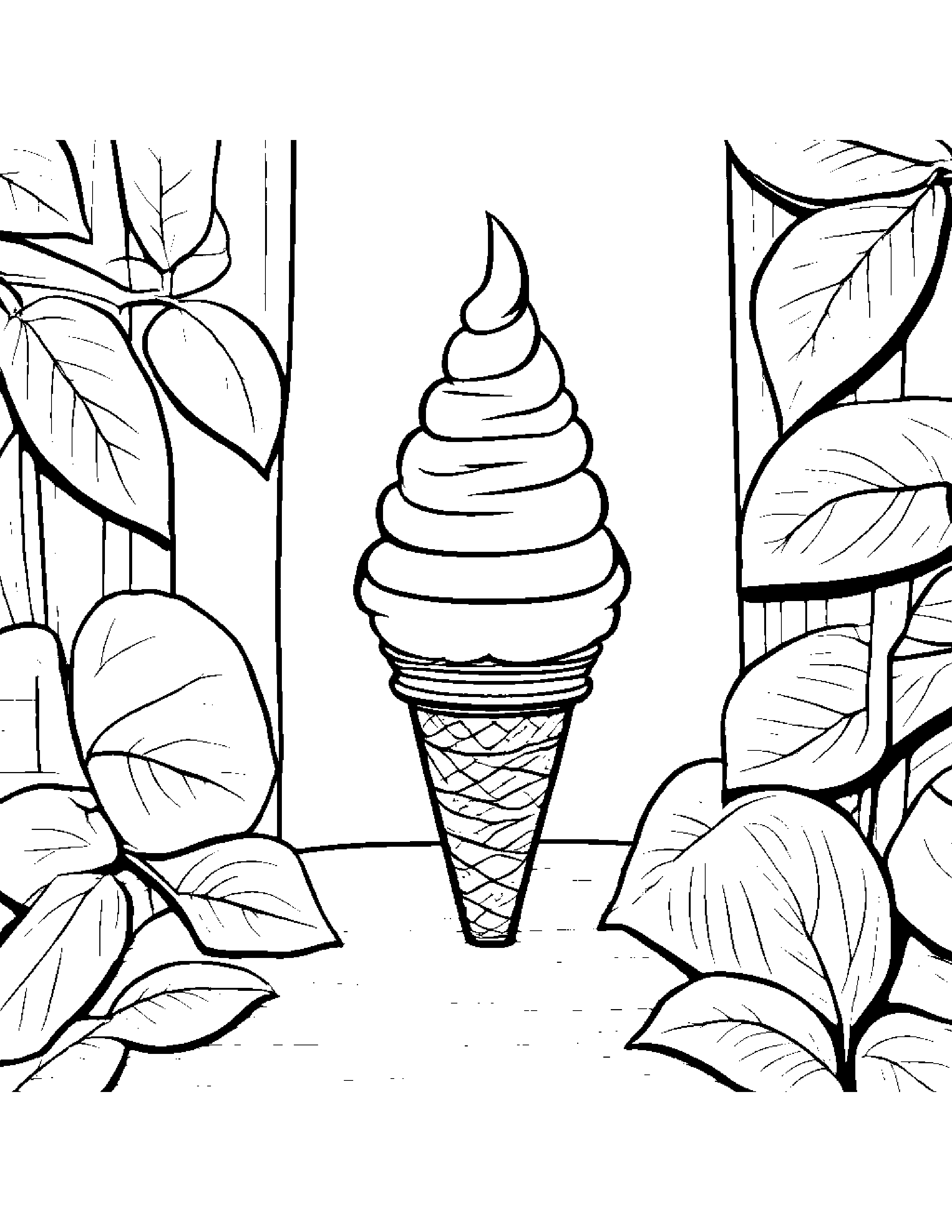 Ice Cream Cone With A Leaf Sprig By A Reading Nook #3 Coloring Page (Free Printable PDF)