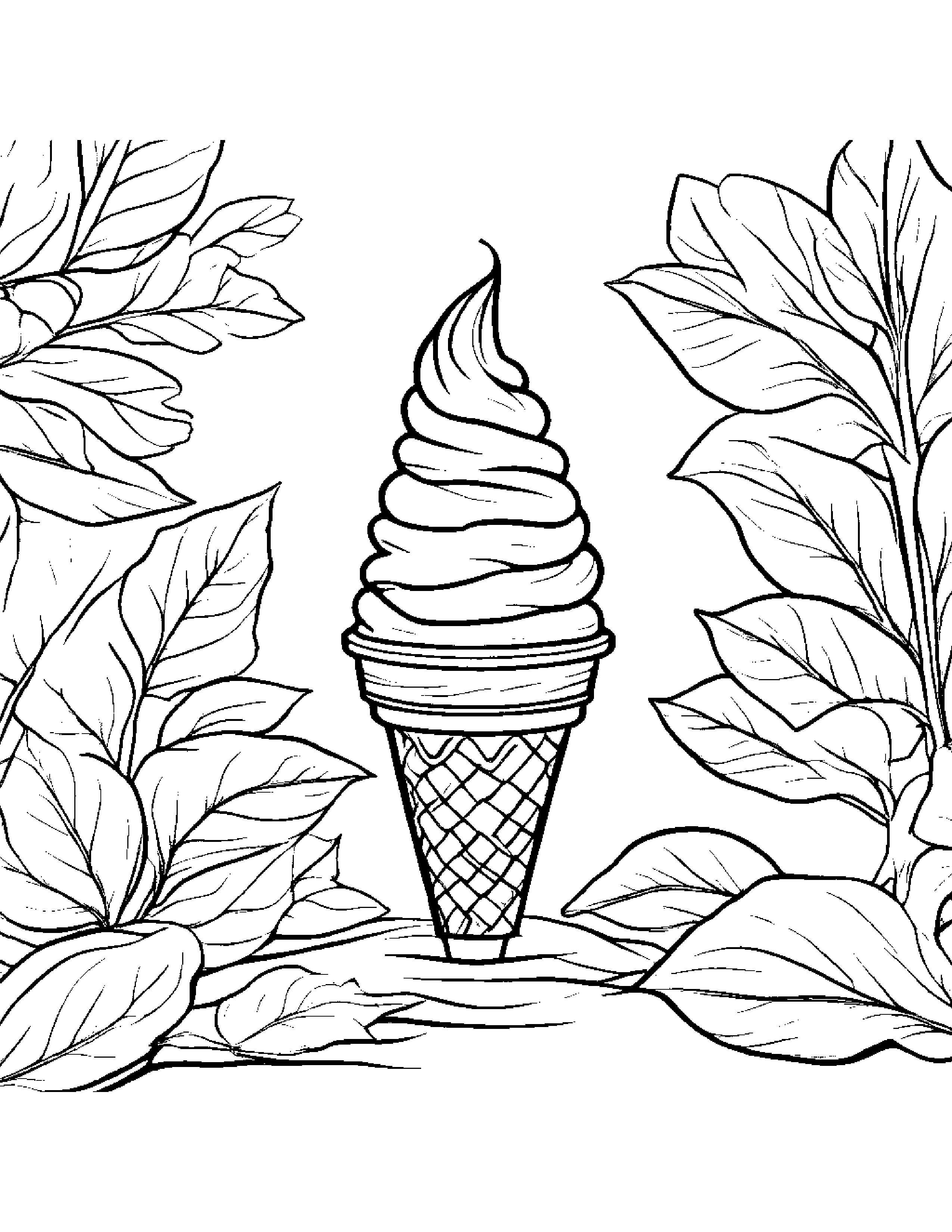 Ice Cream Cone With A Leaf Sprig By A Reading Nook #5 Coloring Page (Free Printable PDF)