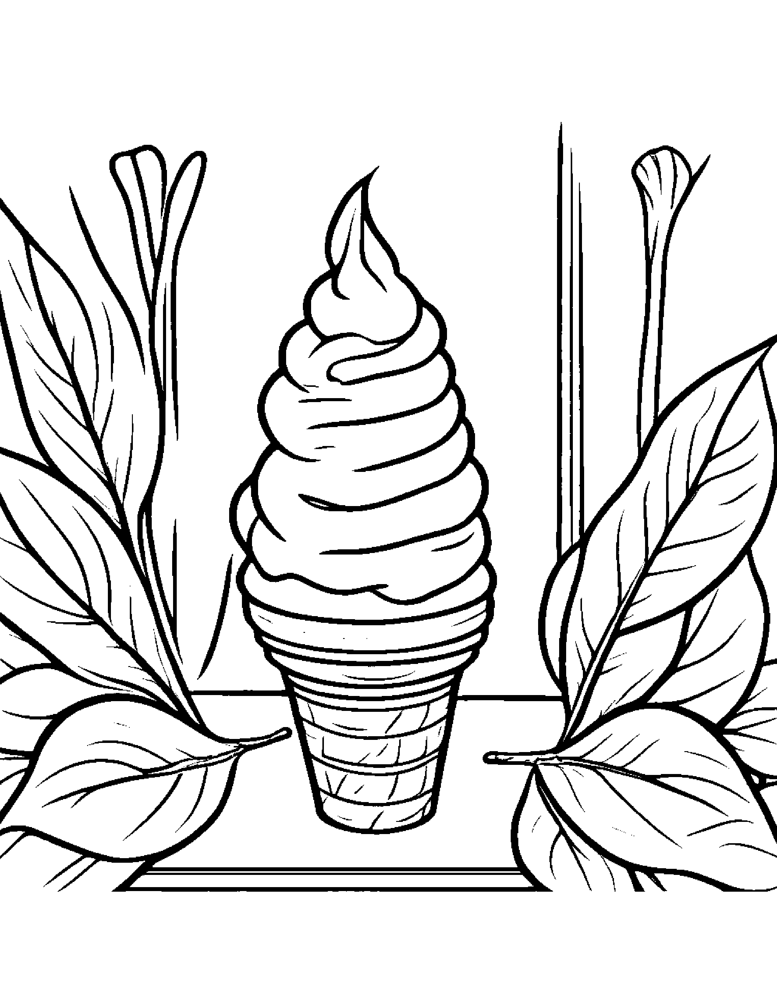 Ice Cream Cone With A Leaf Sprig By A Reading Nook Coloring Page (Free Printable PDF)