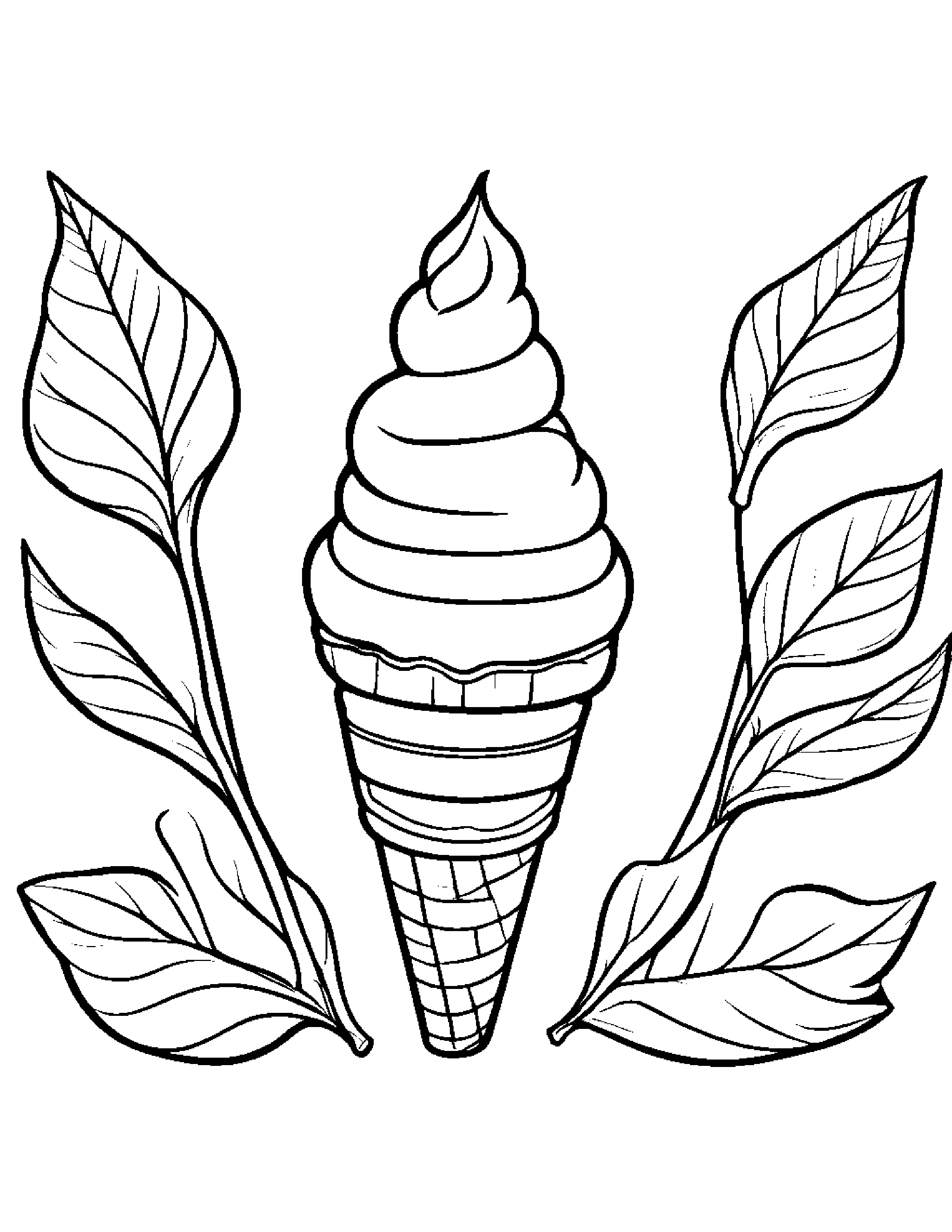 Ice Cream Cone With A Leaf Sprig Coloring Page (Free Printable PDF)