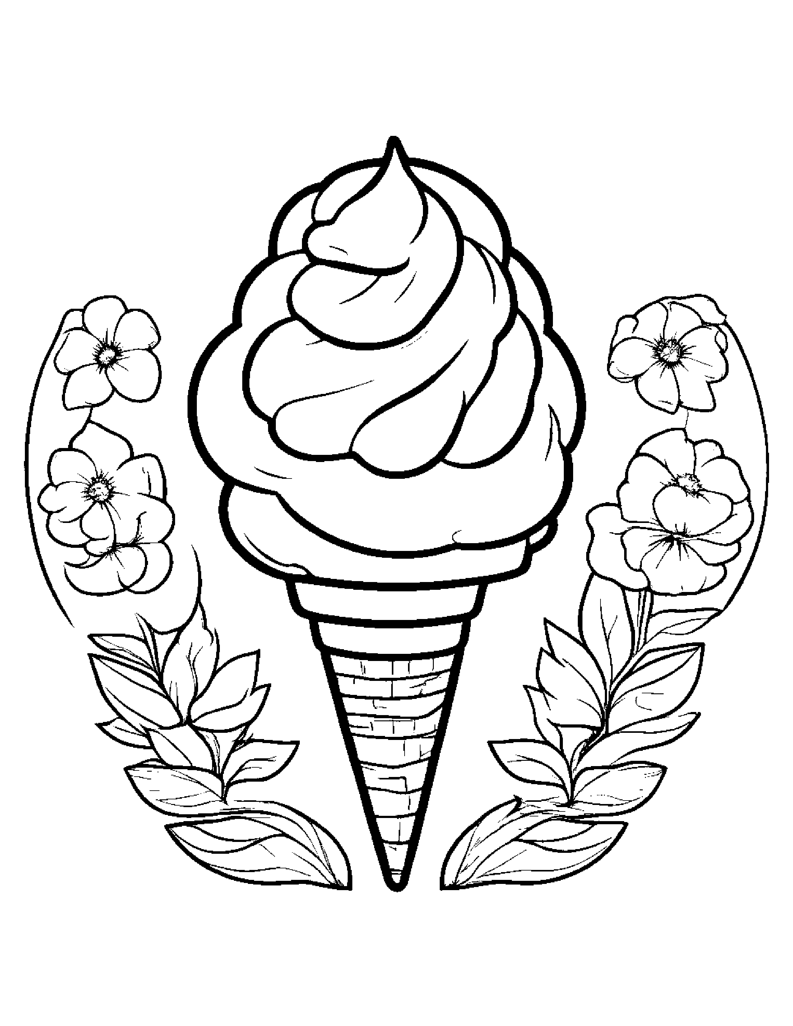 Ice Cream Cone With A Small Flower #3 Coloring Page (Free Printable PDF)