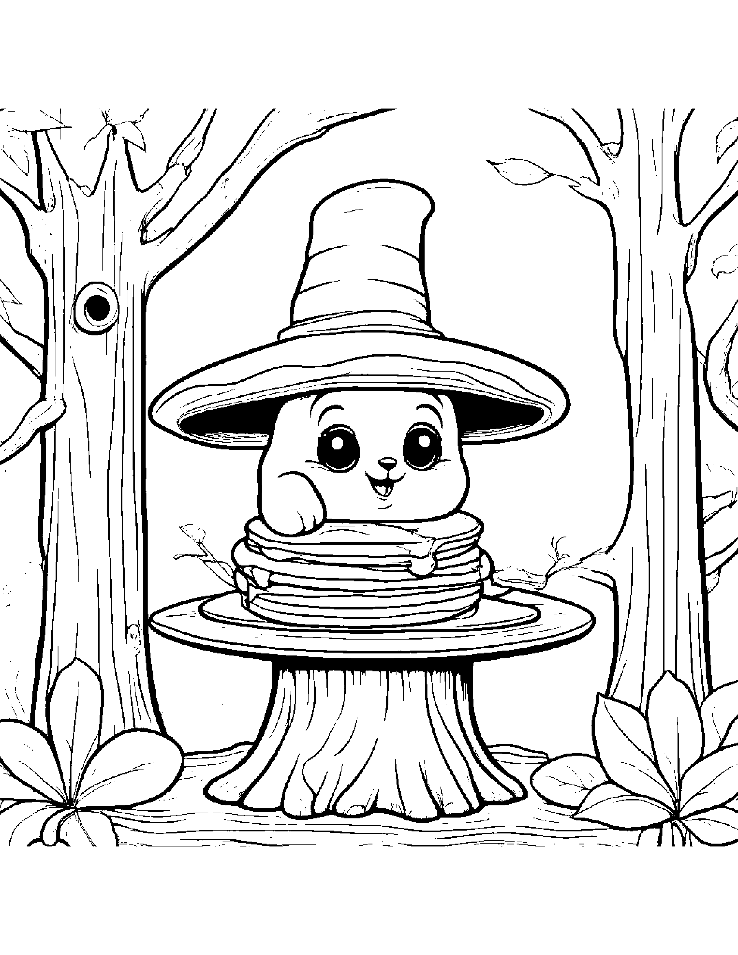 Pancake With A Cute Hat In A Treehouse Coloring Page (Free Printable PDF)