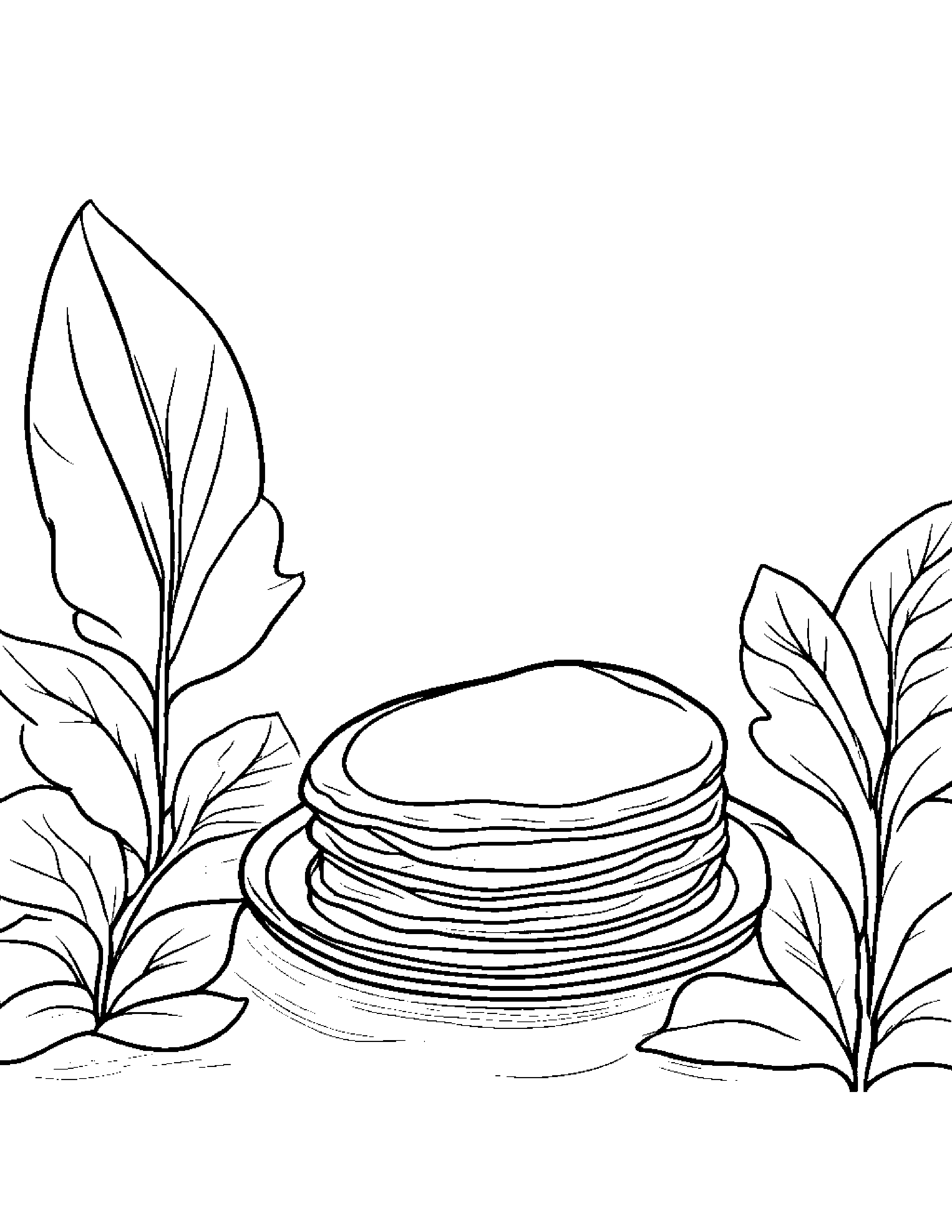 Pancake With A Leaf Sprig Beside A Sandbox Coloring Page (Free Printable PDF)