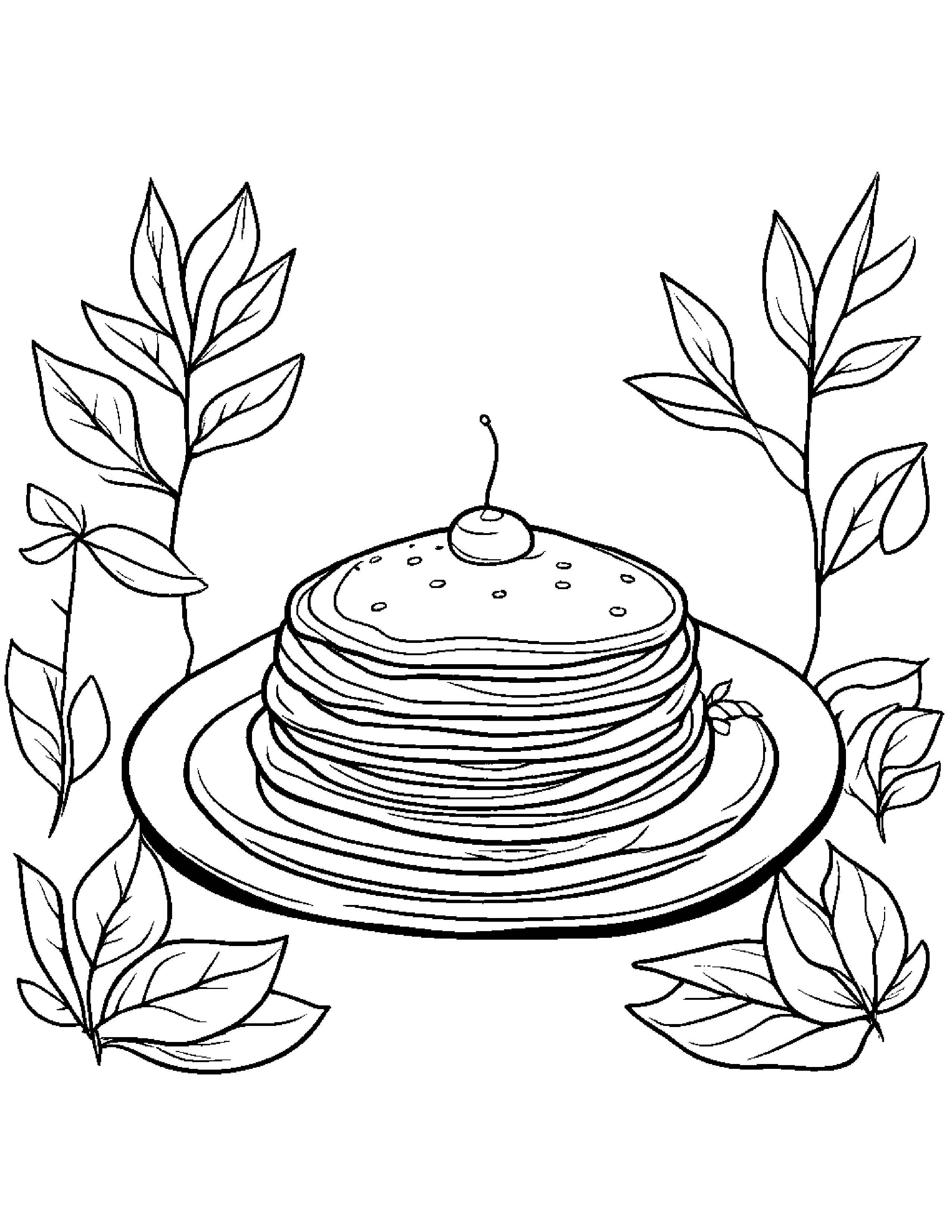 Pancake With A Leaf Sprig By A Little Tree #2 Coloring Page (Free Printable PDF)