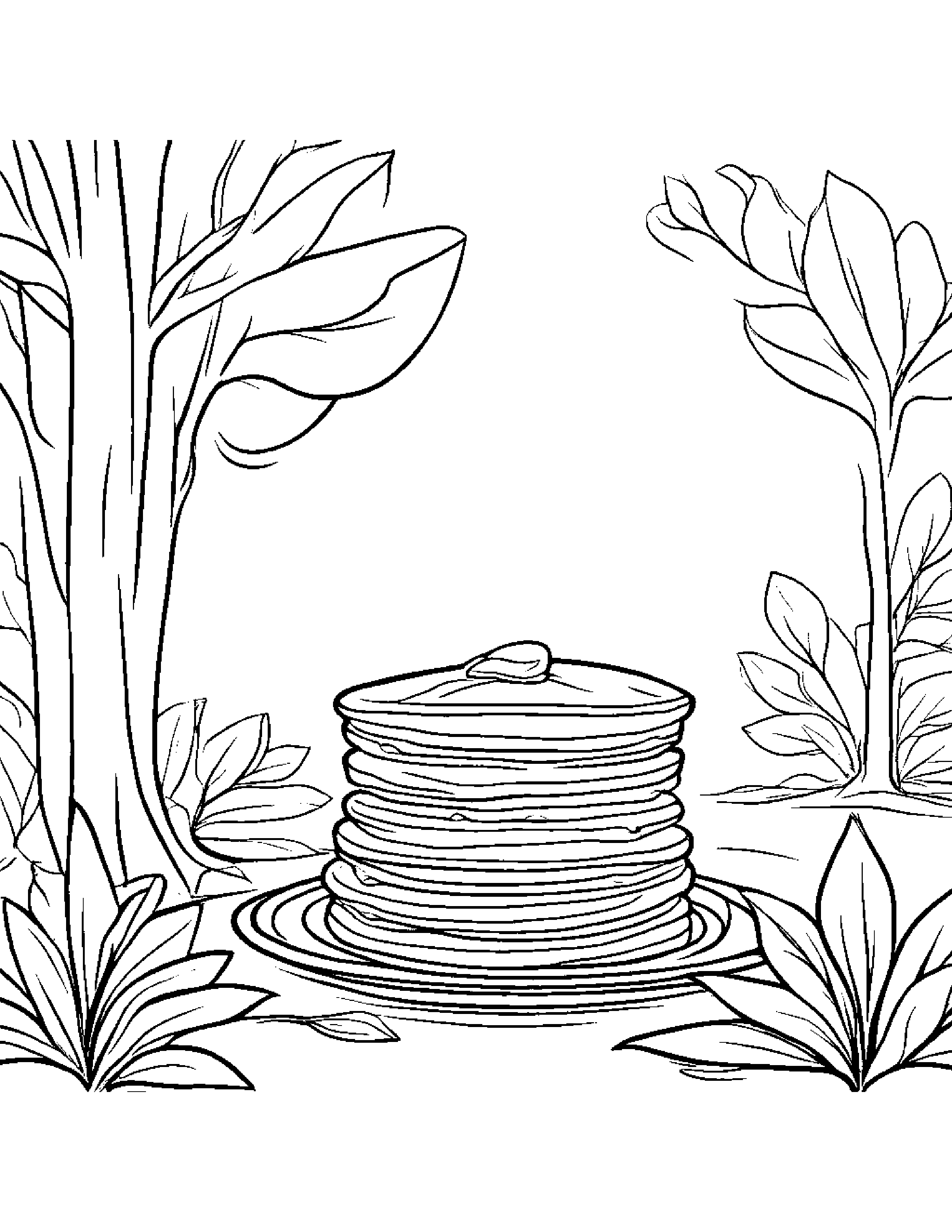 Pancake With A Leaf Sprig By A Little Tree Coloring Page (Free Printable PDF)