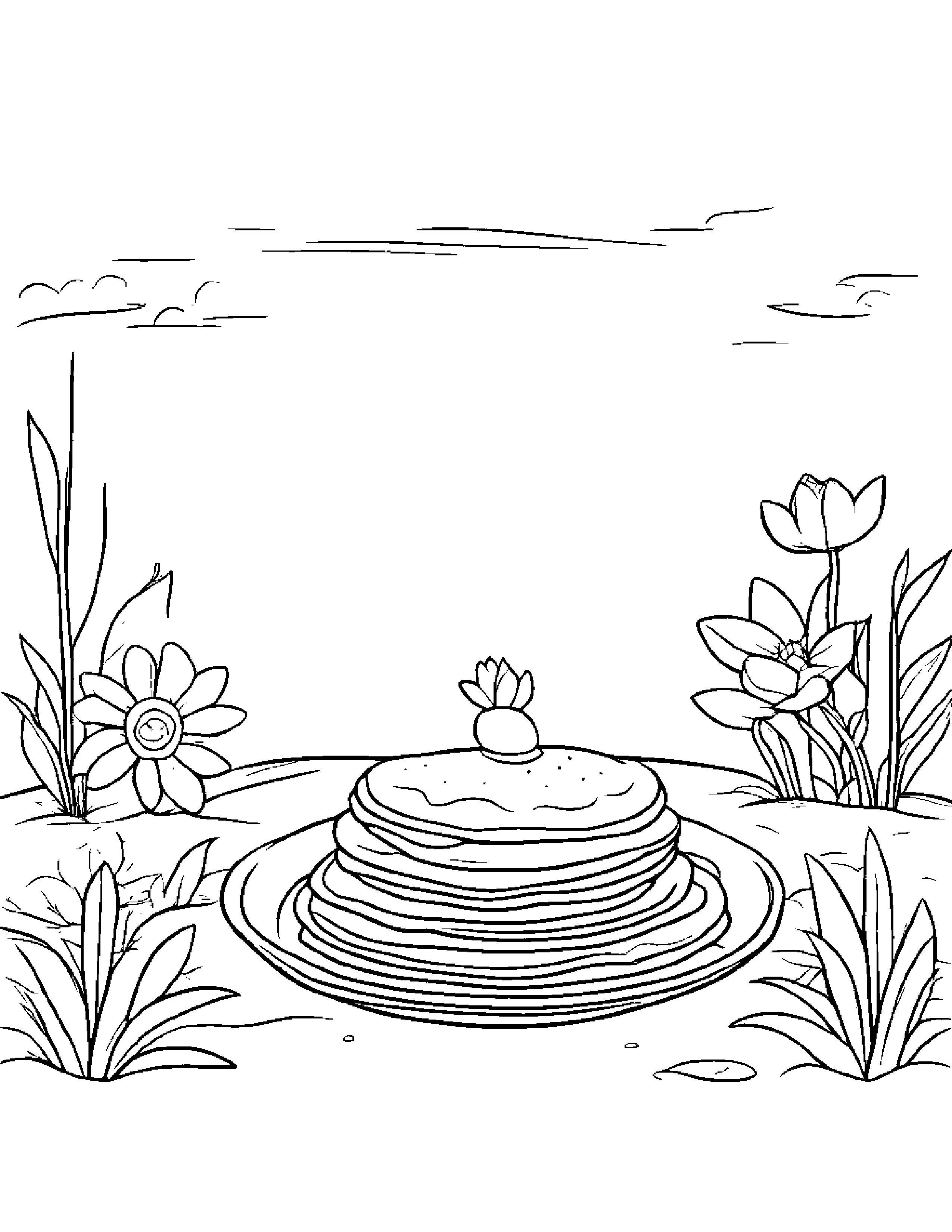 Pancake With A Small Flower Beside A Sandbox #2 Coloring Page (Free Printable PDF)