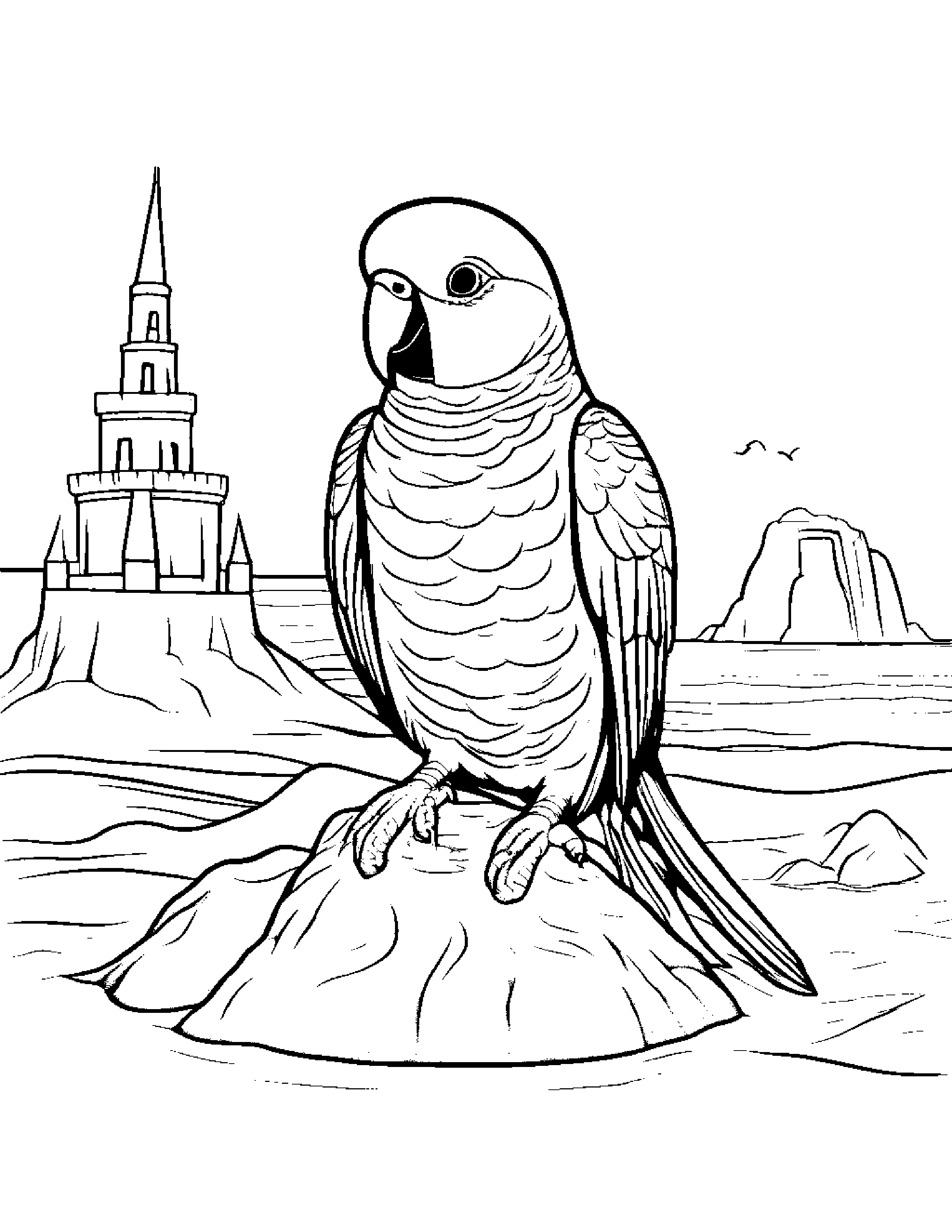 Parakeet Building A Sandcastle #5 Coloring Page (Free Printable PDF)