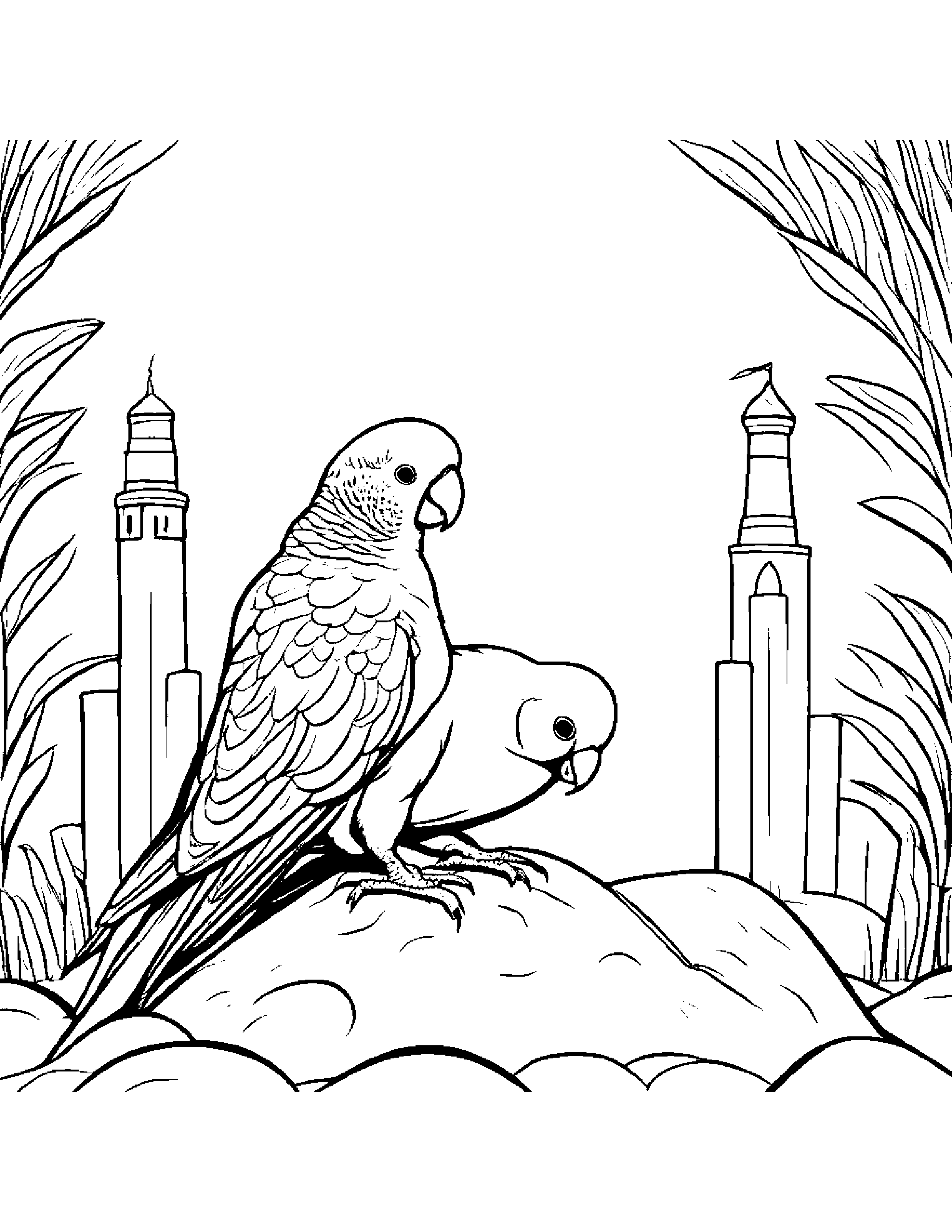 Parakeet Building A Sandcastle Coloring Page (Free Printable PDF)