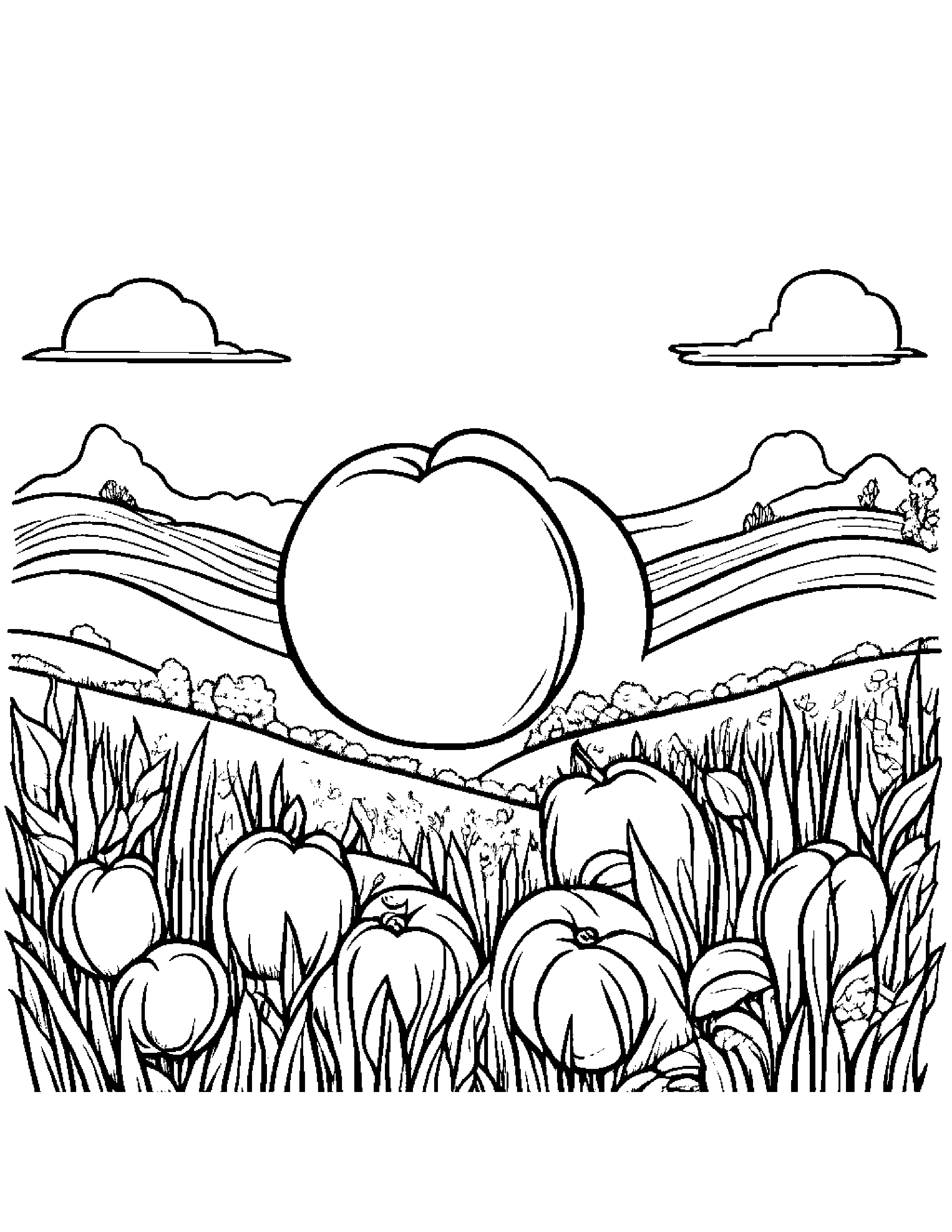 Peach With A Sunny Sticker In A Sunny Meadow Coloring Page (Free Printable PDF)