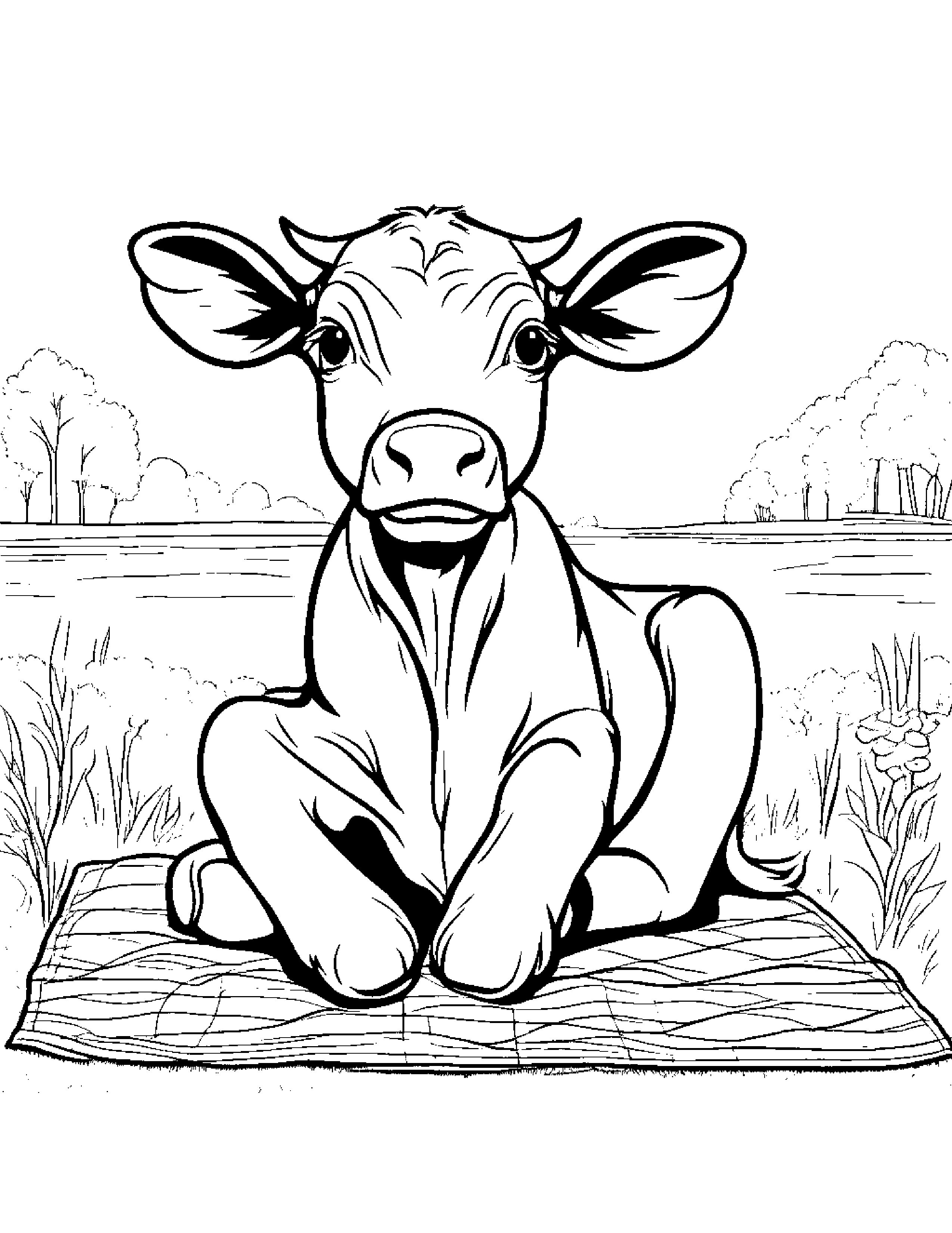 Sprightly Calf On A Picnic Blanket Coloring Page (Free Printable PDF)