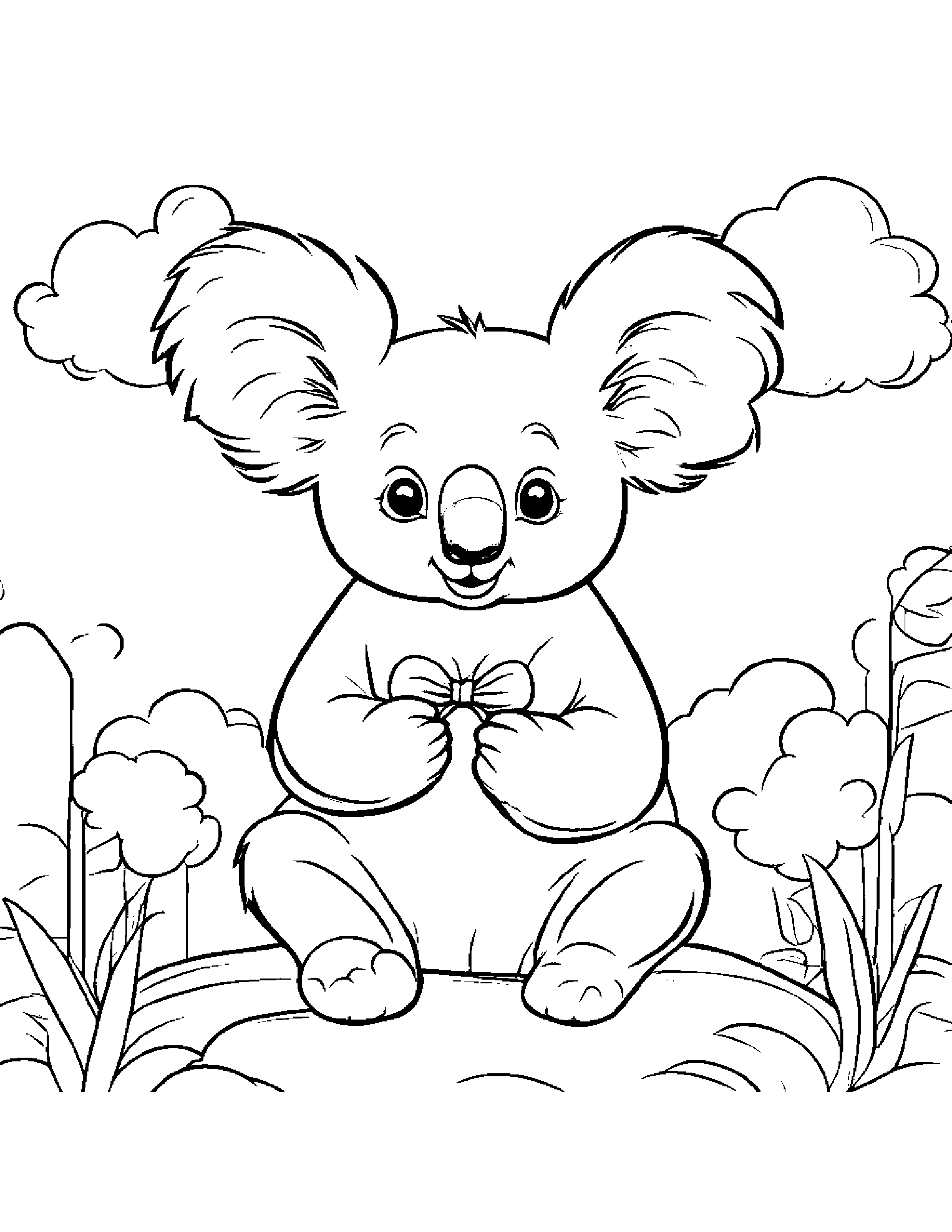 Sprightly Koala Learning To Tie A Bow On A Fluffy Cloud Coloring Page (Free Printable PDF)