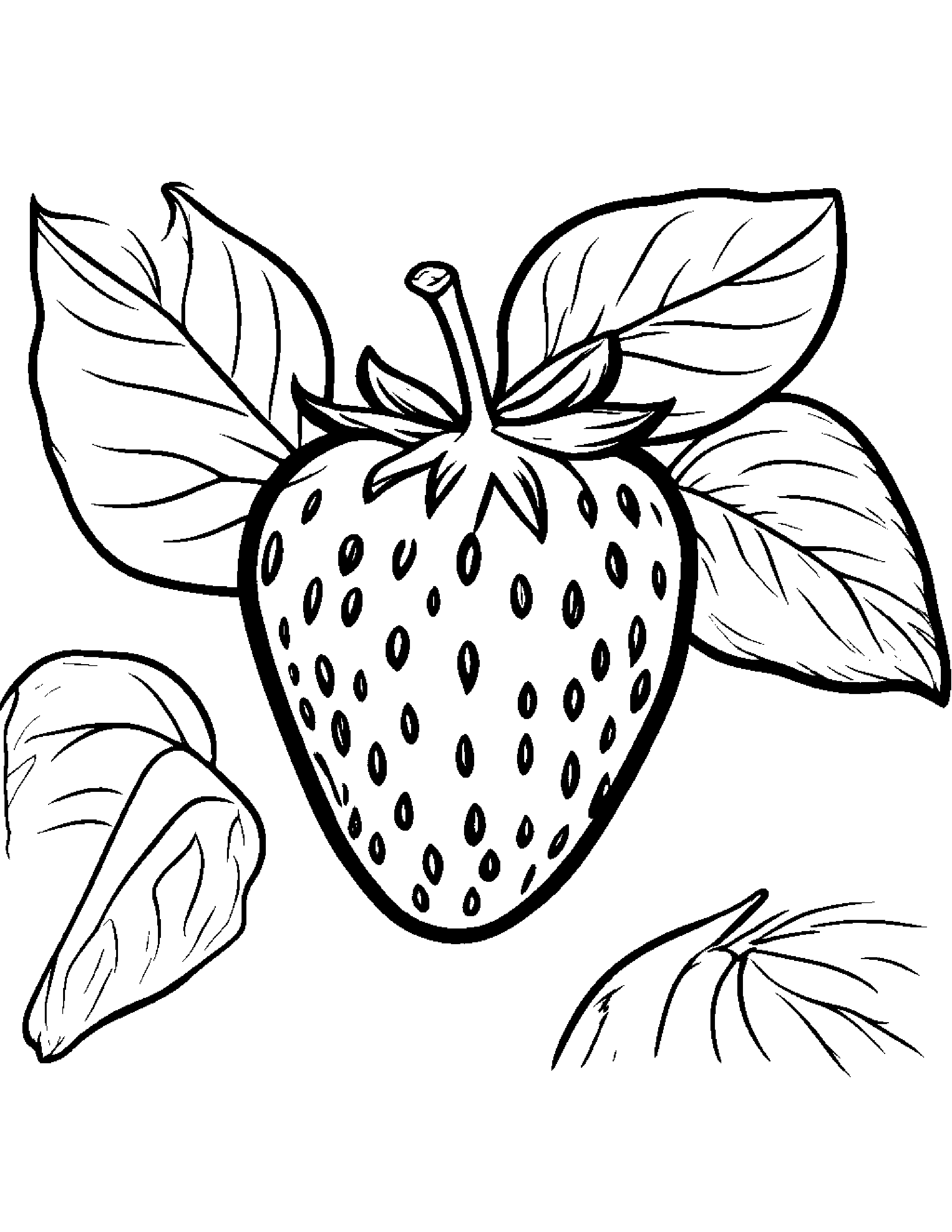 Strawberry With A Leaf Sprig #2 Coloring Page (Free Printable PDF)