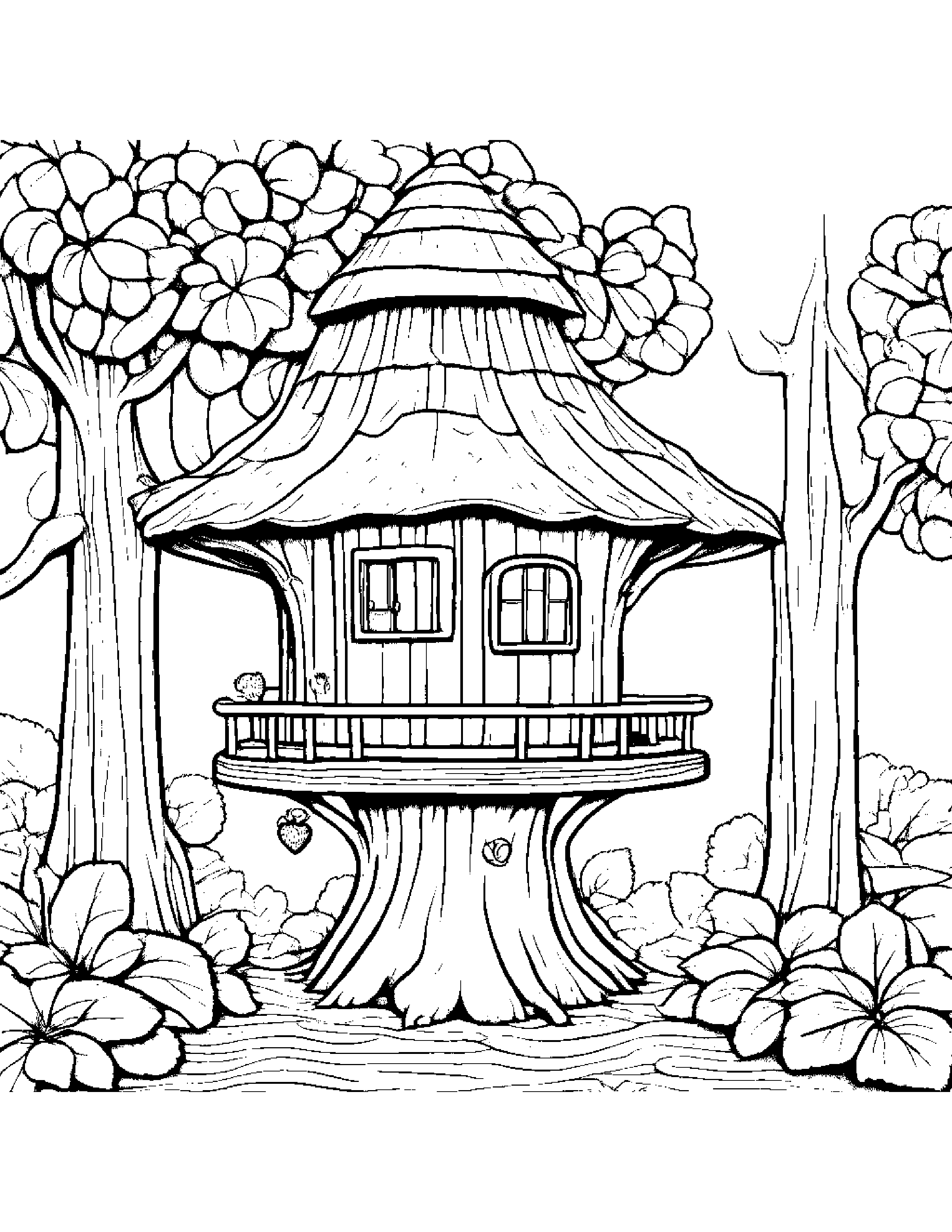 Strawberry With A Ribbon In A Treehouse Coloring Page (Free Printable PDF)