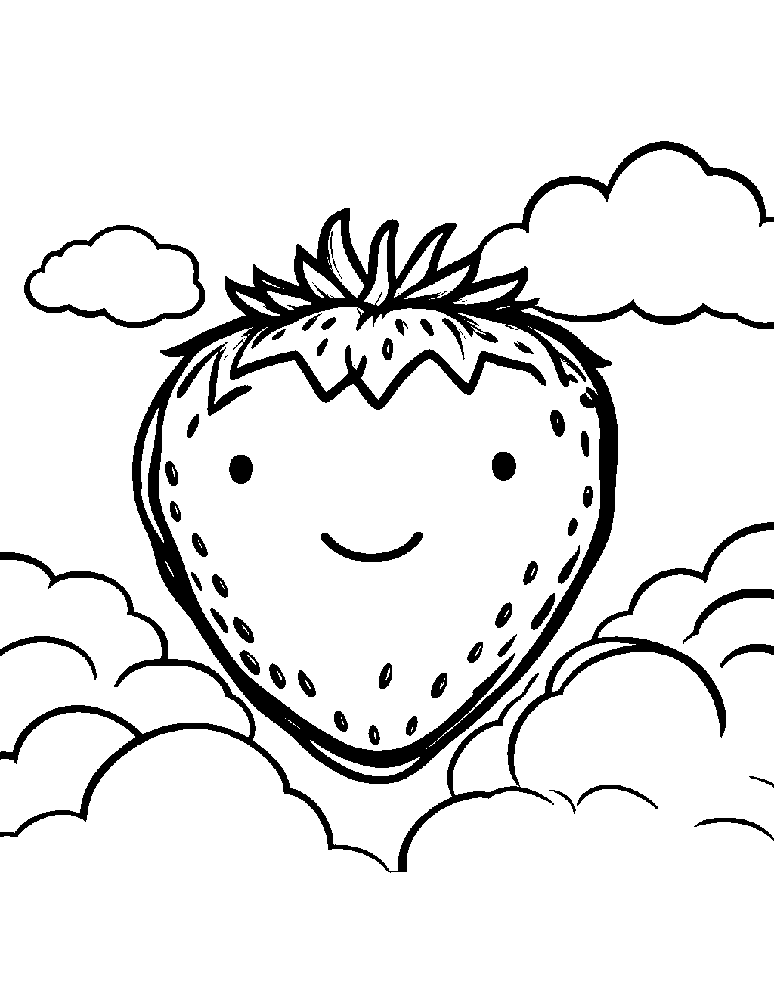 Strawberry With A Sunny Sticker On A Fluffy Cloud Coloring Page (Free Printable PDF)