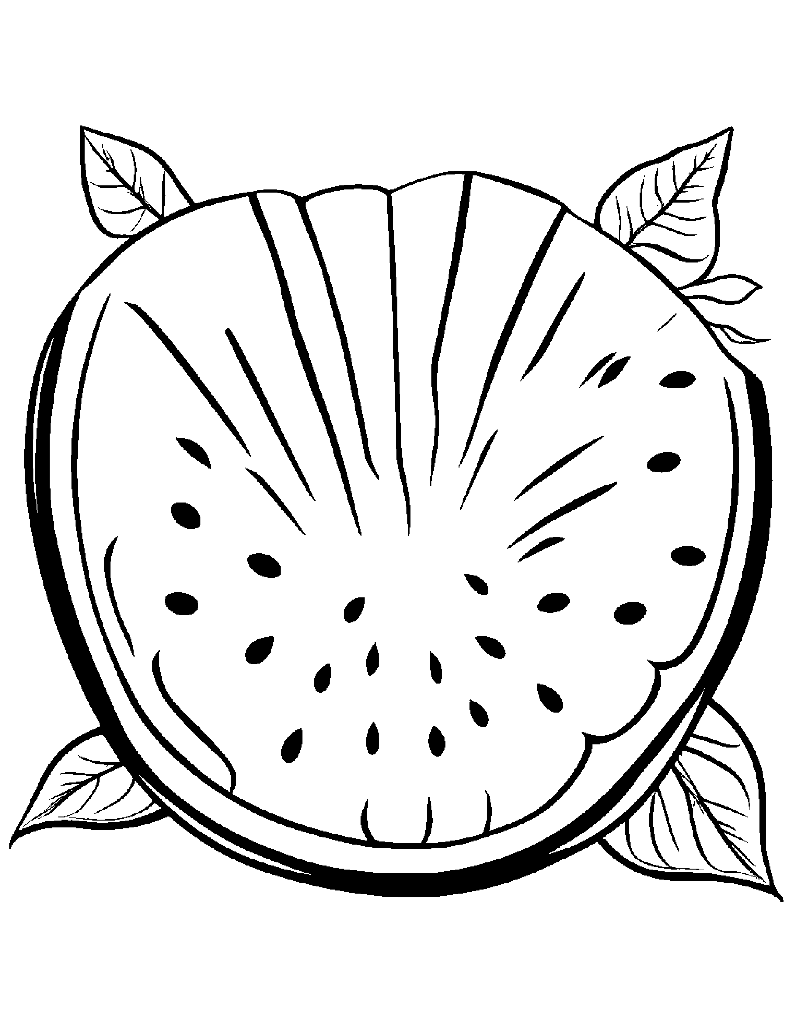 Watermelon Slice With A Leaf Sprig #4 Coloring Page (Free Printable PDF)