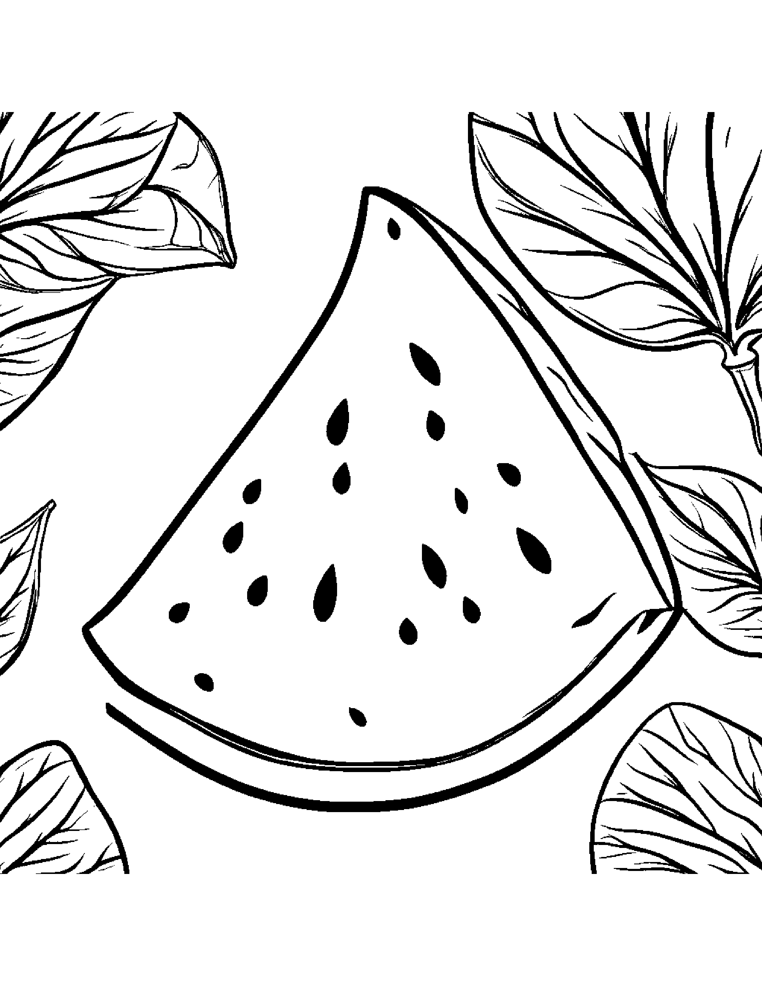 Watermelon Slice With A Leaf Sprig #5 Coloring Page (Free Printable PDF)