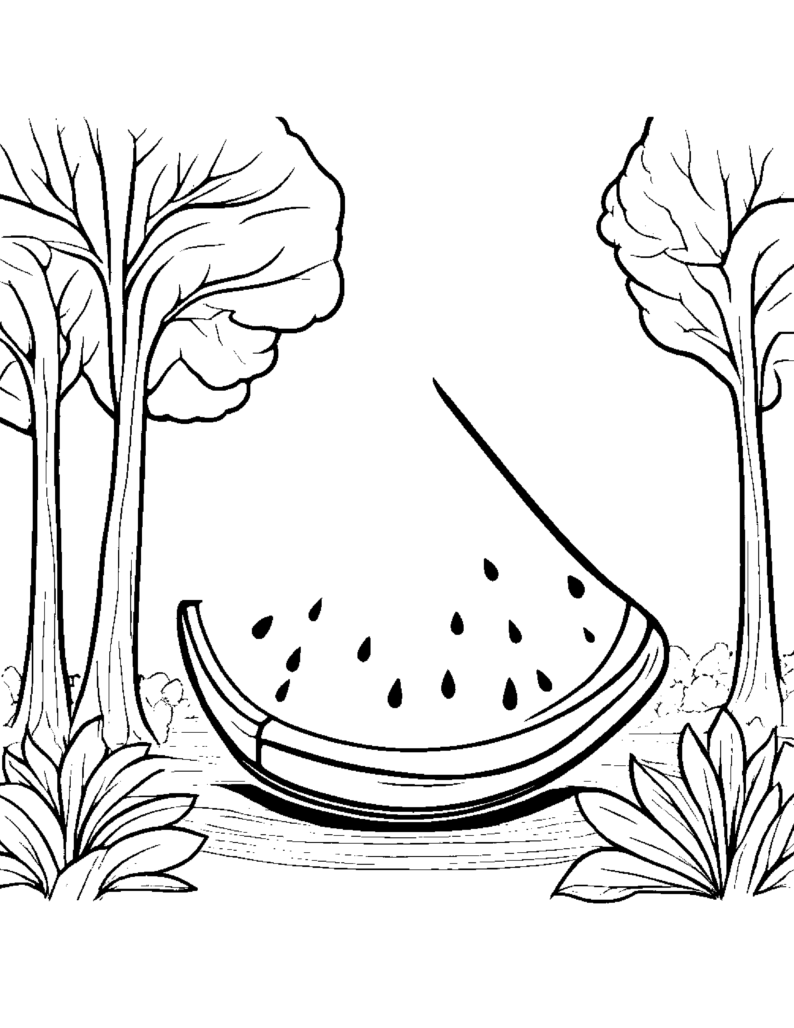 Watermelon Slice With A Ribbon By A Little Tree #2 Coloring Page (Free Printable PDF)