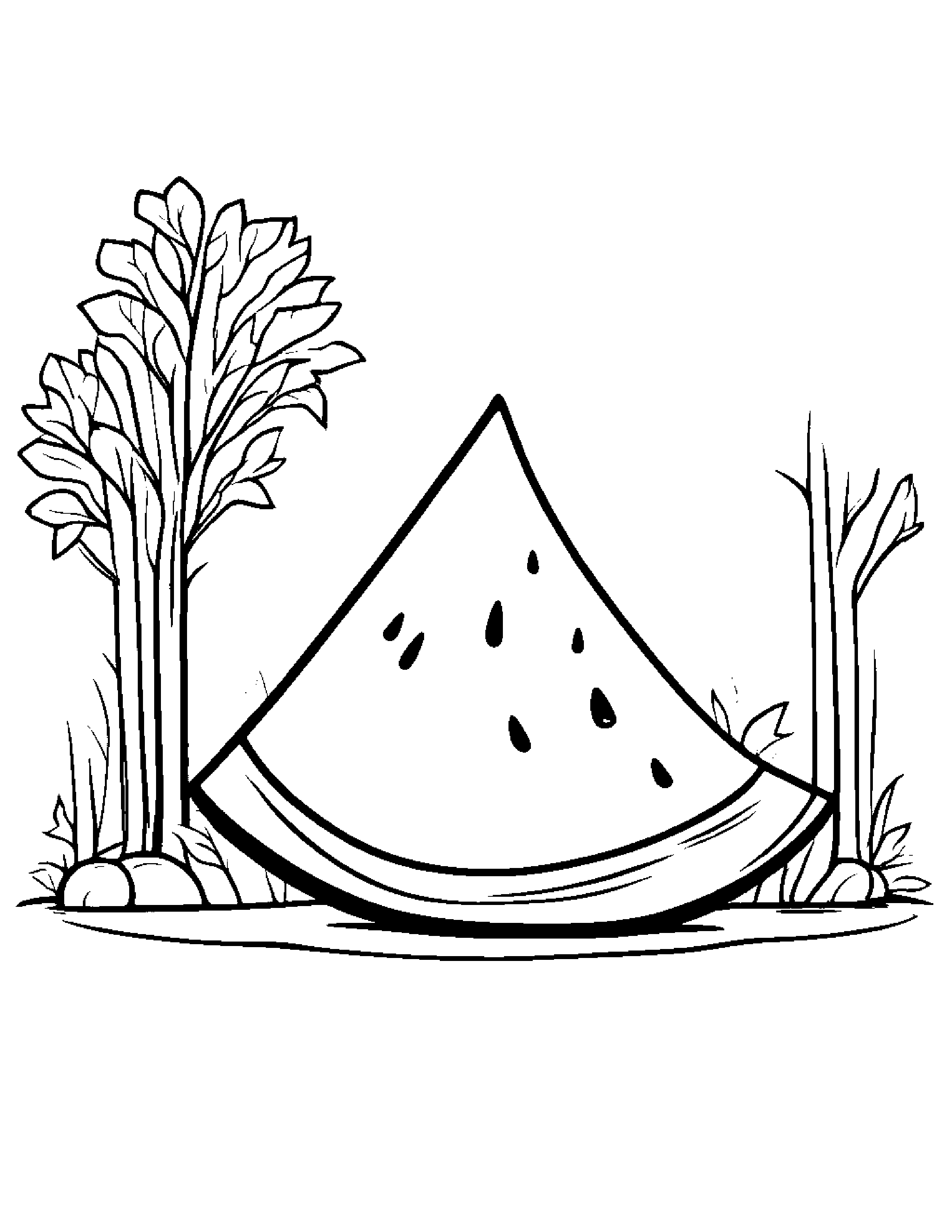 Watermelon Slice With A Ribbon By A Little Tree #3 Coloring Page (Free Printable PDF)