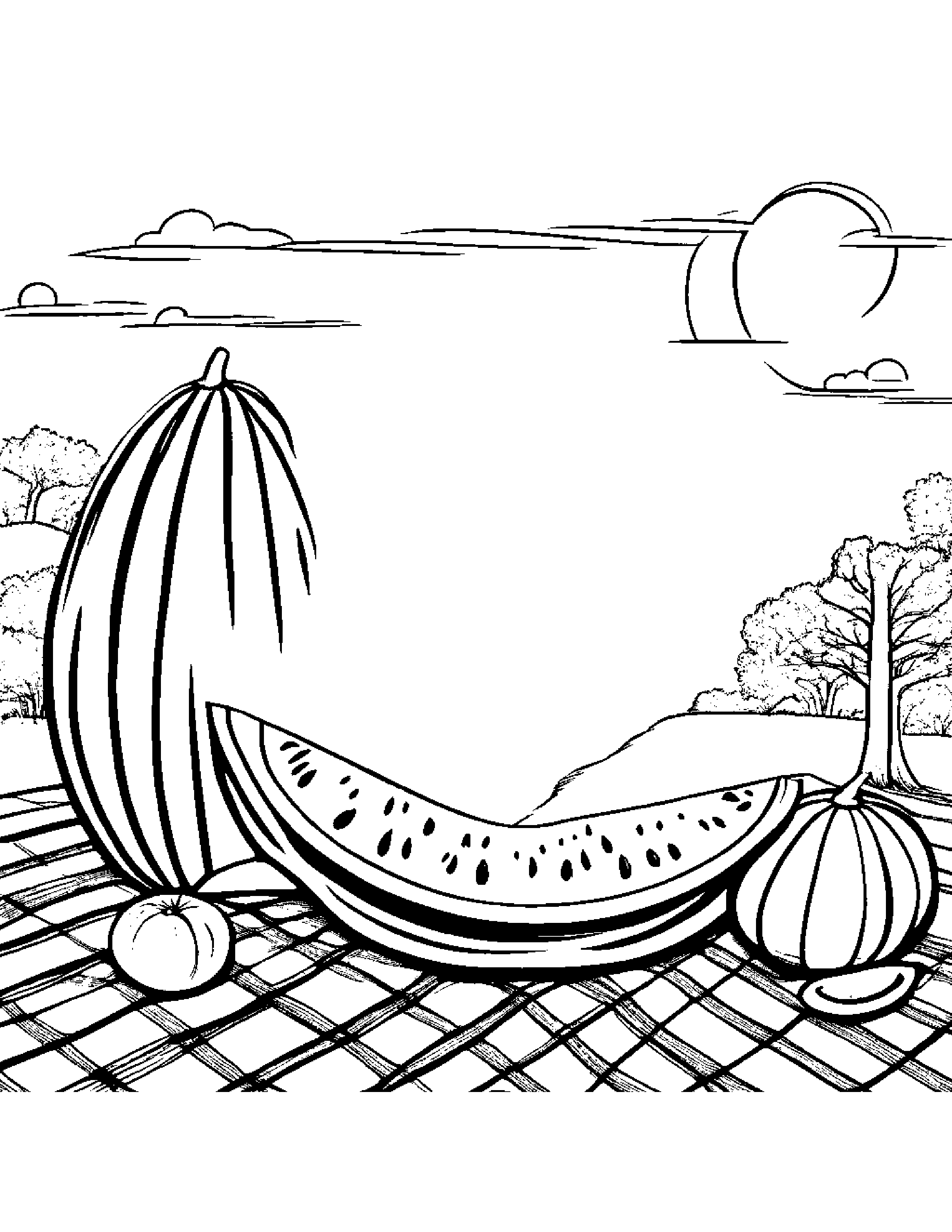 Watermelon Slice With A Soft Scarf On A Picnic Blanket Coloring Page (Free Printable PDF)