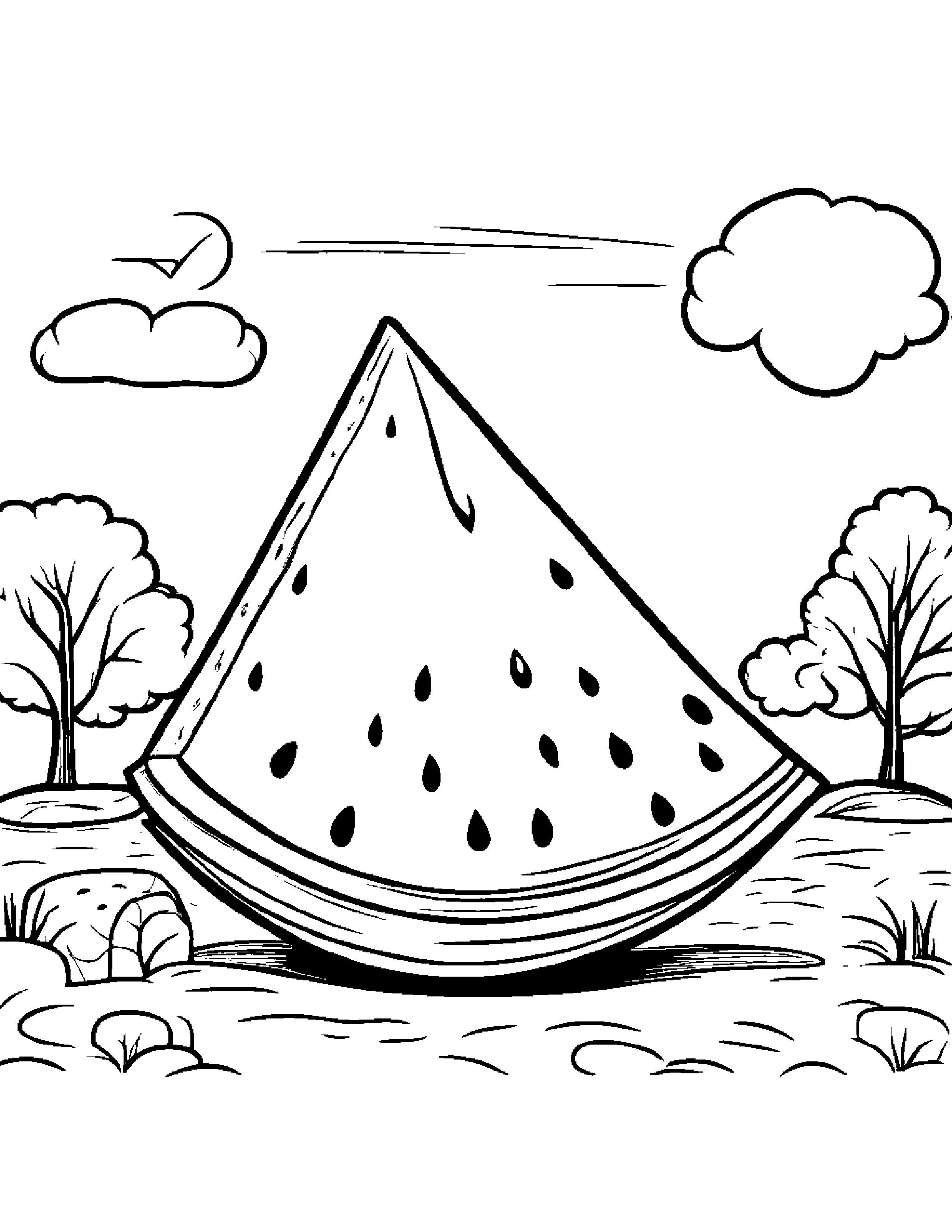 Watermelon Slice With A Sunny Sticker At The Playground Coloring Page (Free Printable PDF)
