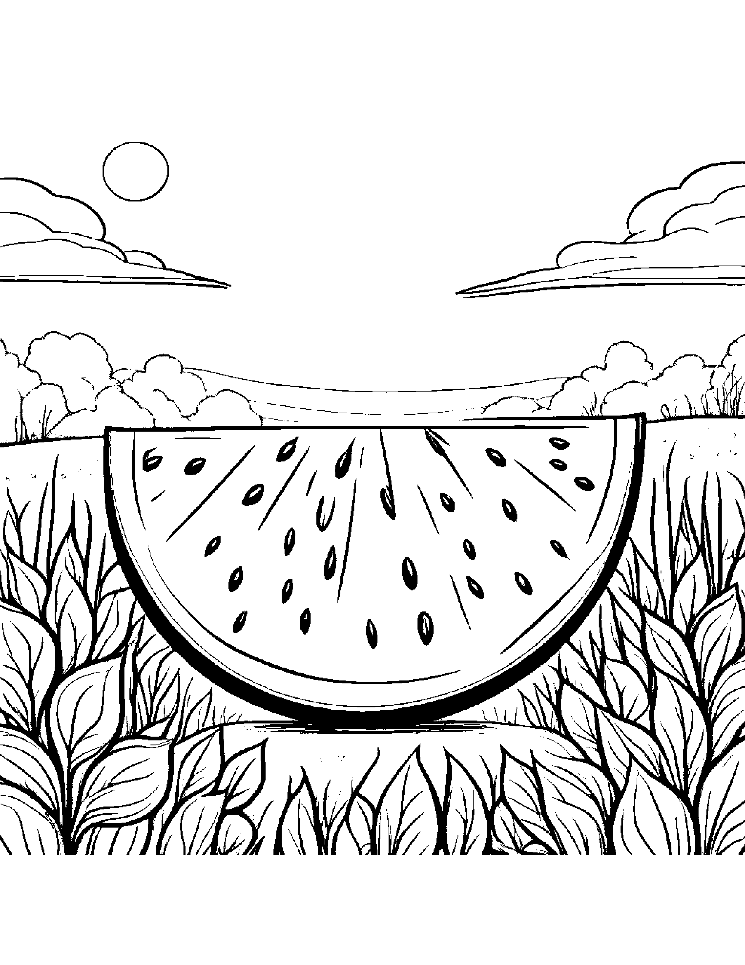 Watermelon Slice With Sparkles In A Sunny Meadow #2 Coloring Page (Free Printable PDF)