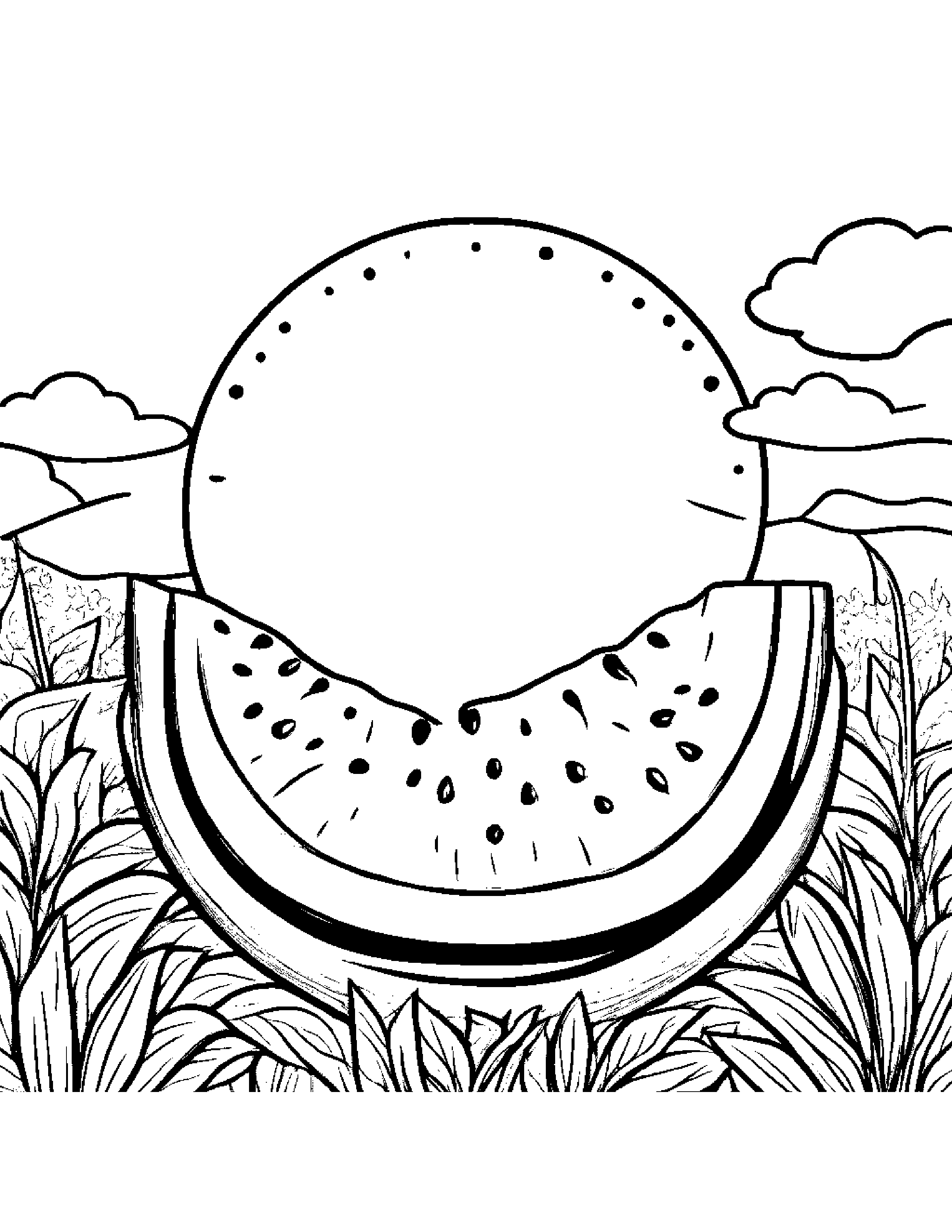 Watermelon Slice With Sparkles In A Sunny Meadow #3 Coloring Page (Free Printable PDF)