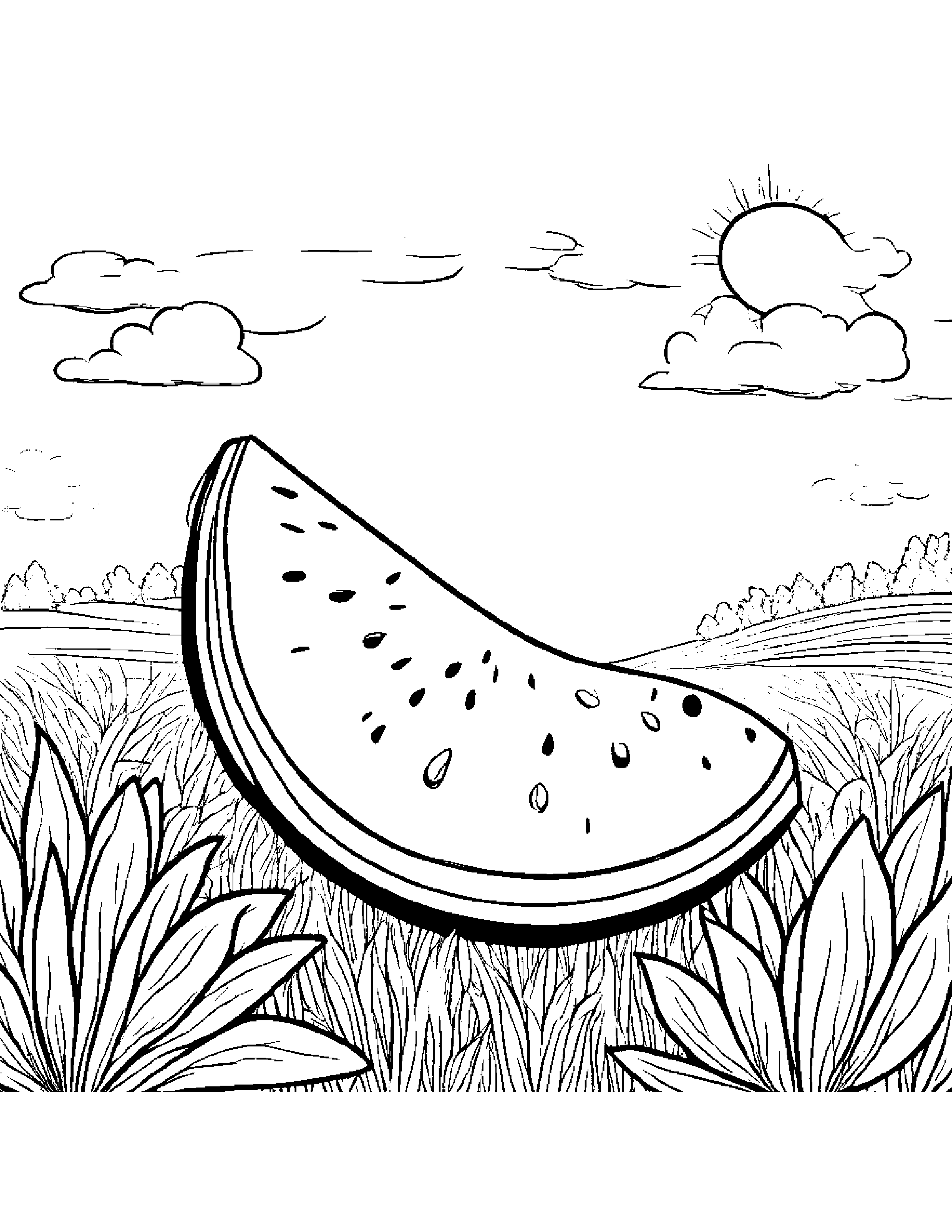 Watermelon Slice With Sparkles In A Sunny Meadow Coloring Page (Free Printable PDF)