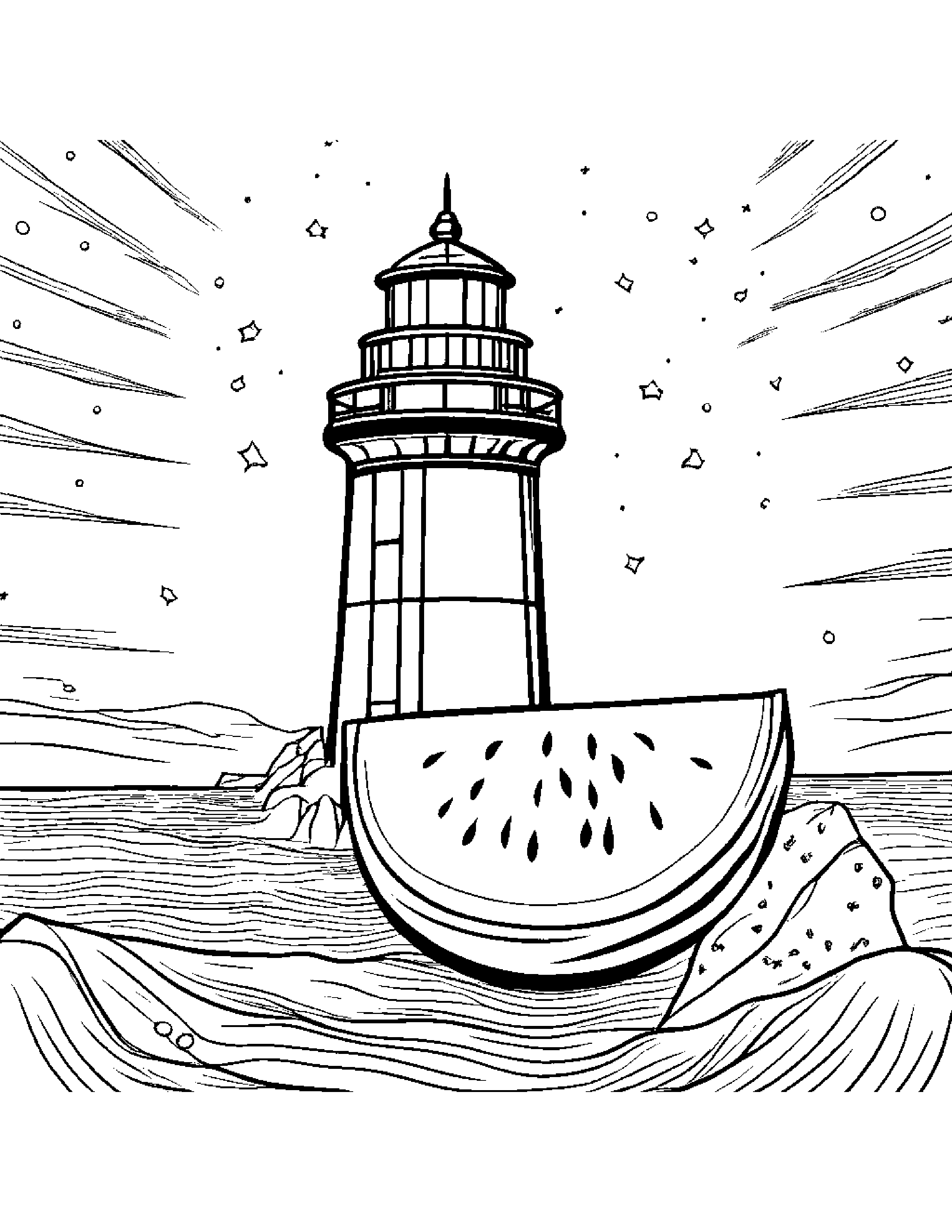 Watermelon Slice With Sparkles Near A Lighthouse #2 Coloring Page (Free Printable PDF)