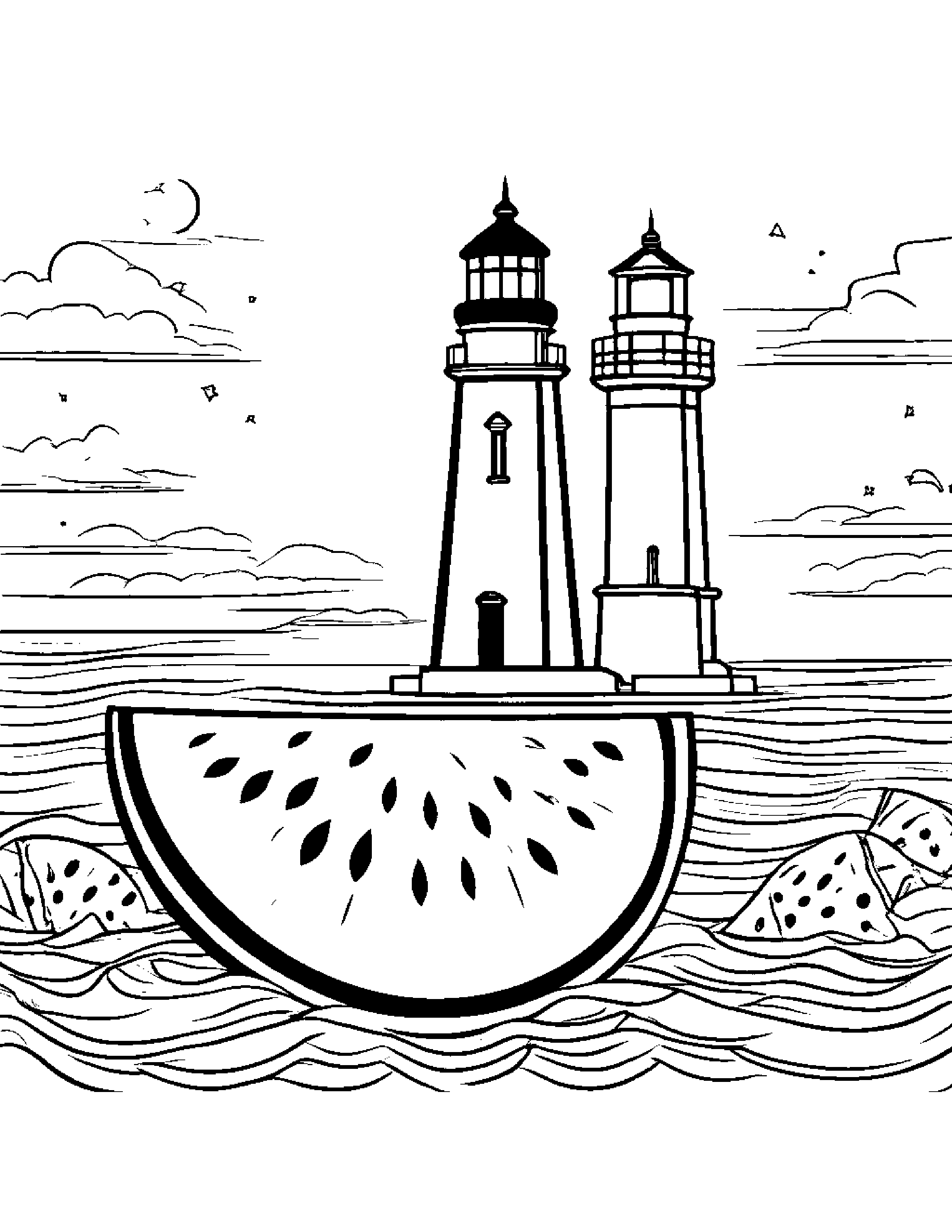 Watermelon Slice With Sparkles Near A Lighthouse #3 Coloring Page (Free Printable PDF)
