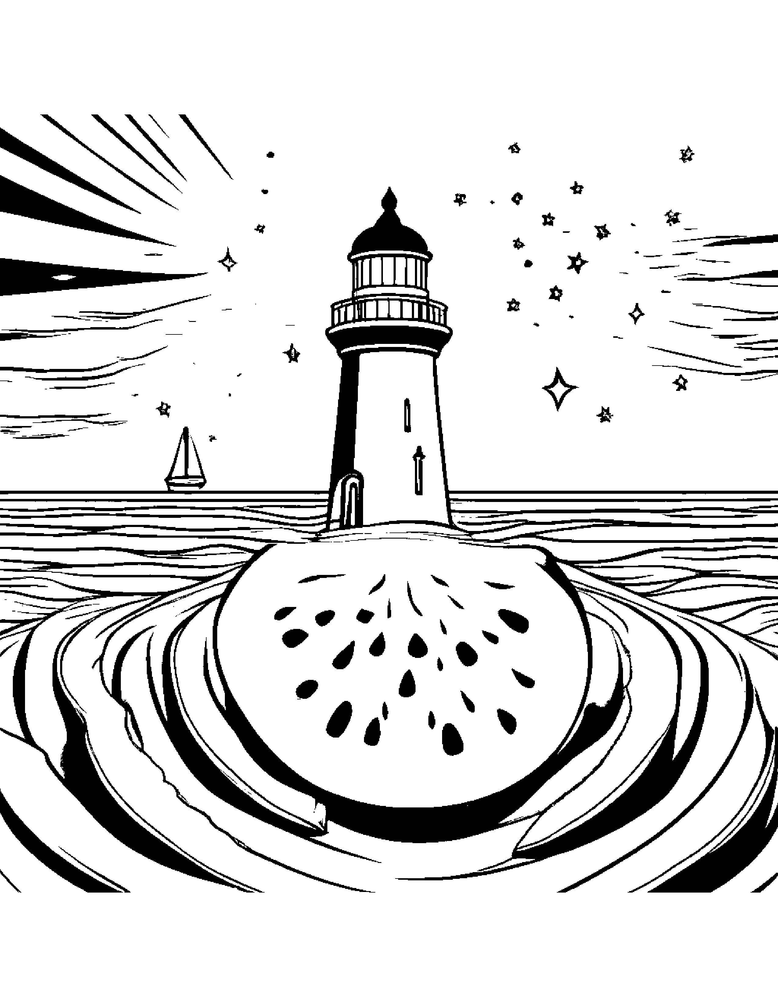 Watermelon Slice With Sparkles Near A Lighthouse #4 Coloring Page (Free Printable PDF)