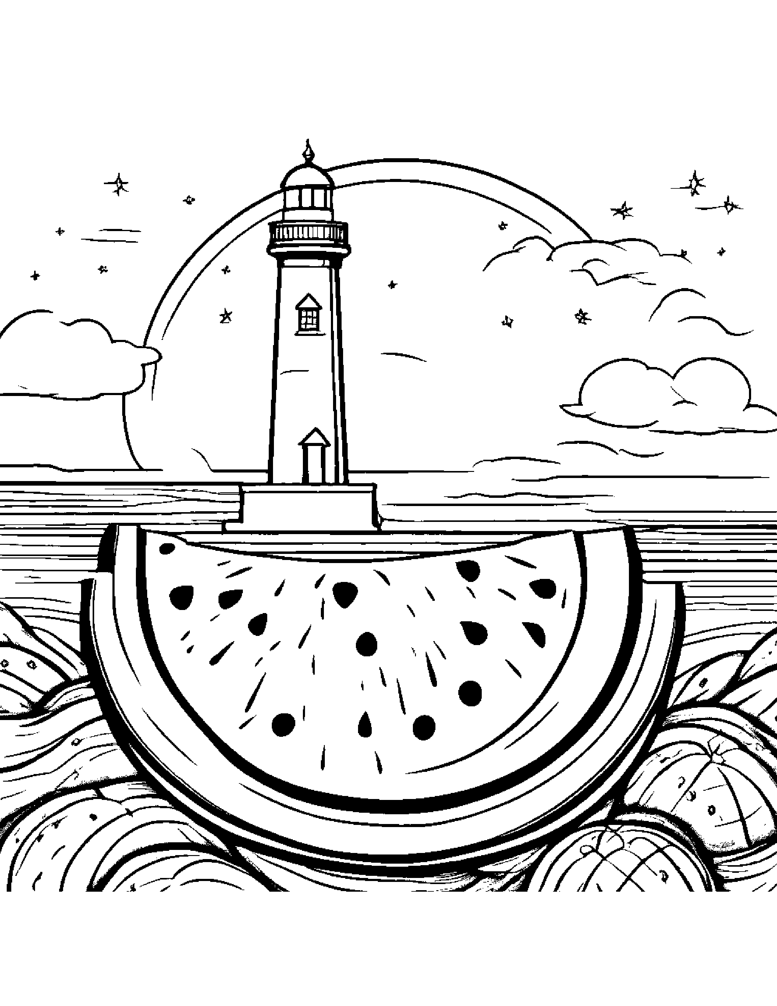 Watermelon Slice With Sparkles Near A Lighthouse #5 Coloring Page (Free Printable PDF)