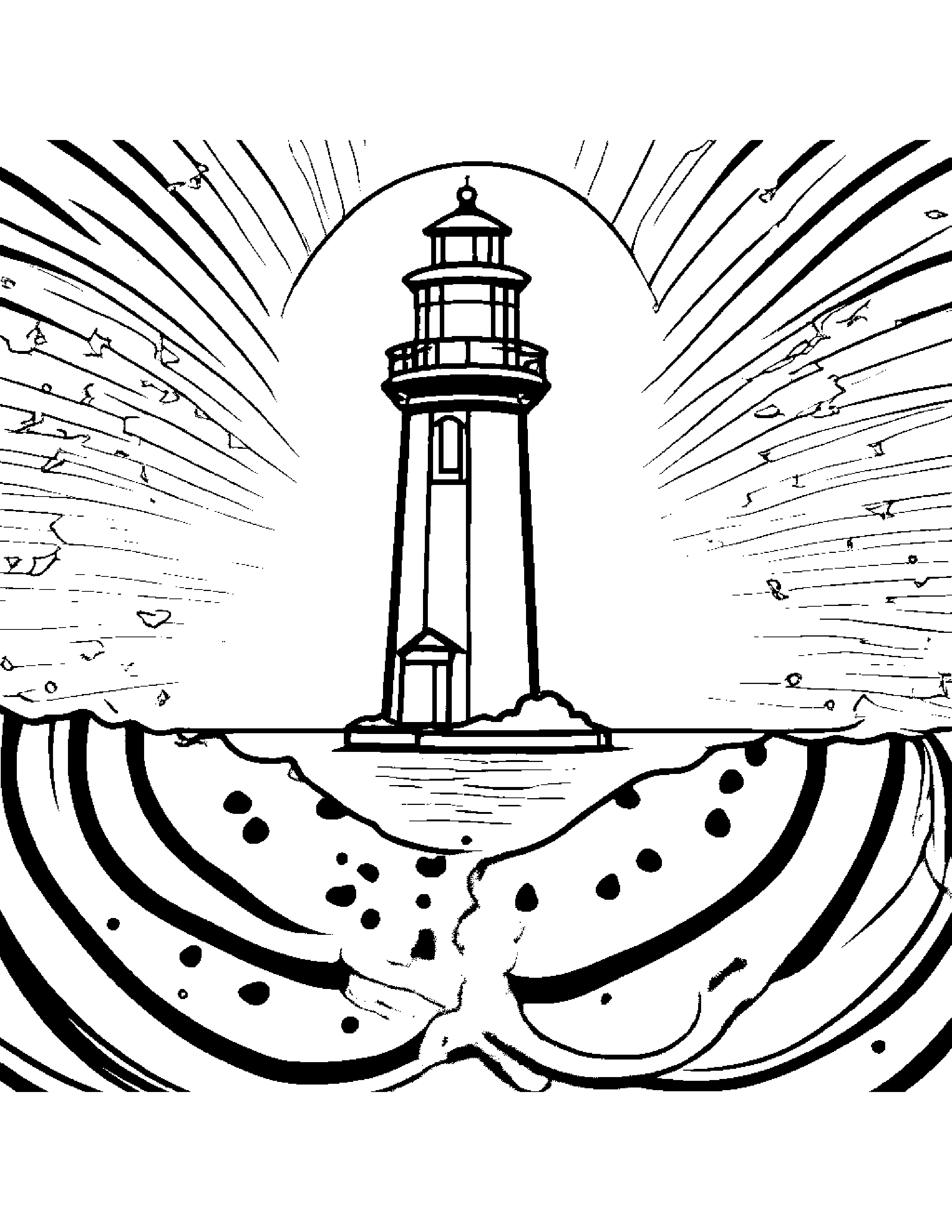 Watermelon Slice With Sparkles Near A Lighthouse Coloring Page (Free Printable PDF)
