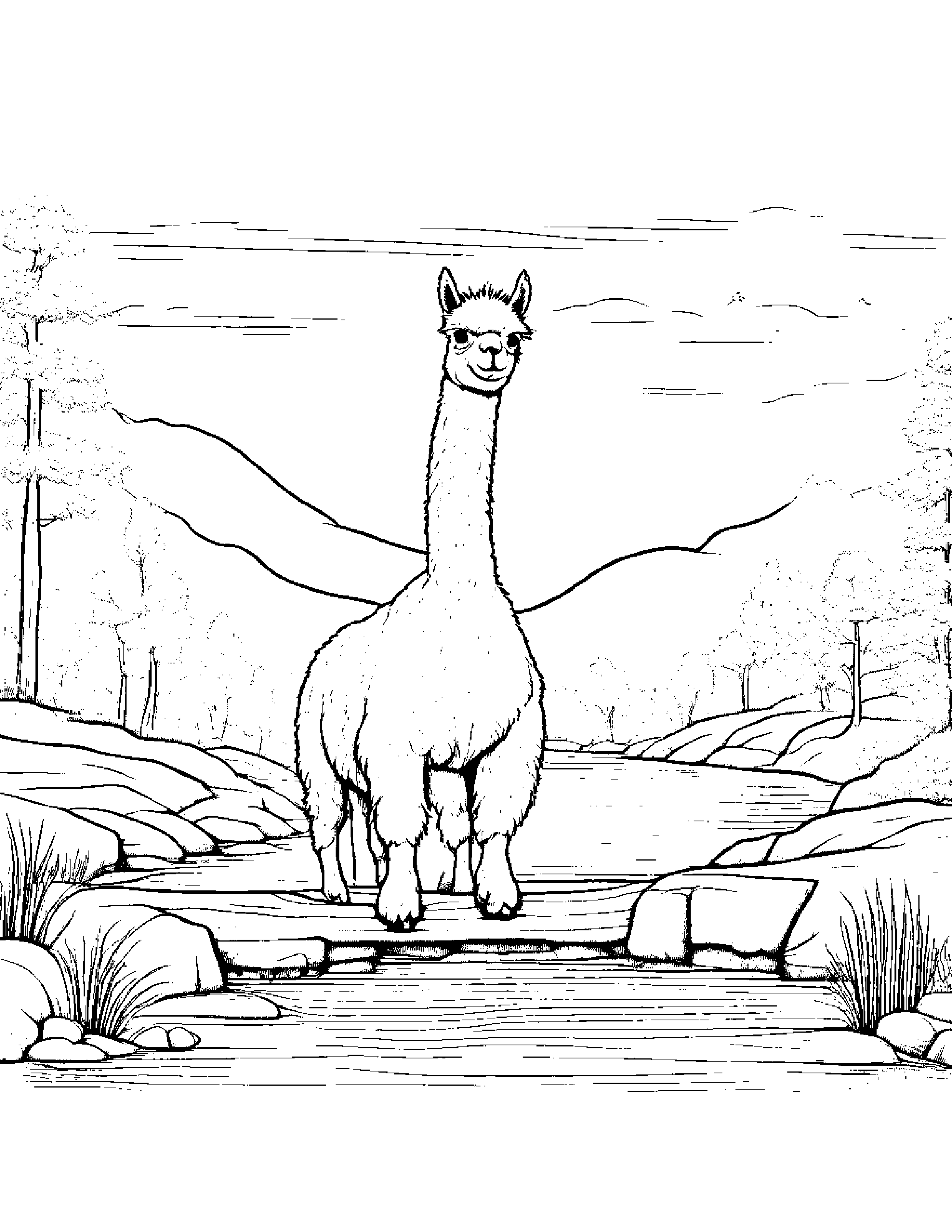 Alpaca Balancing On A Line Near A Gentle Stream #2 Coloring Page (Free Printable PDF)
