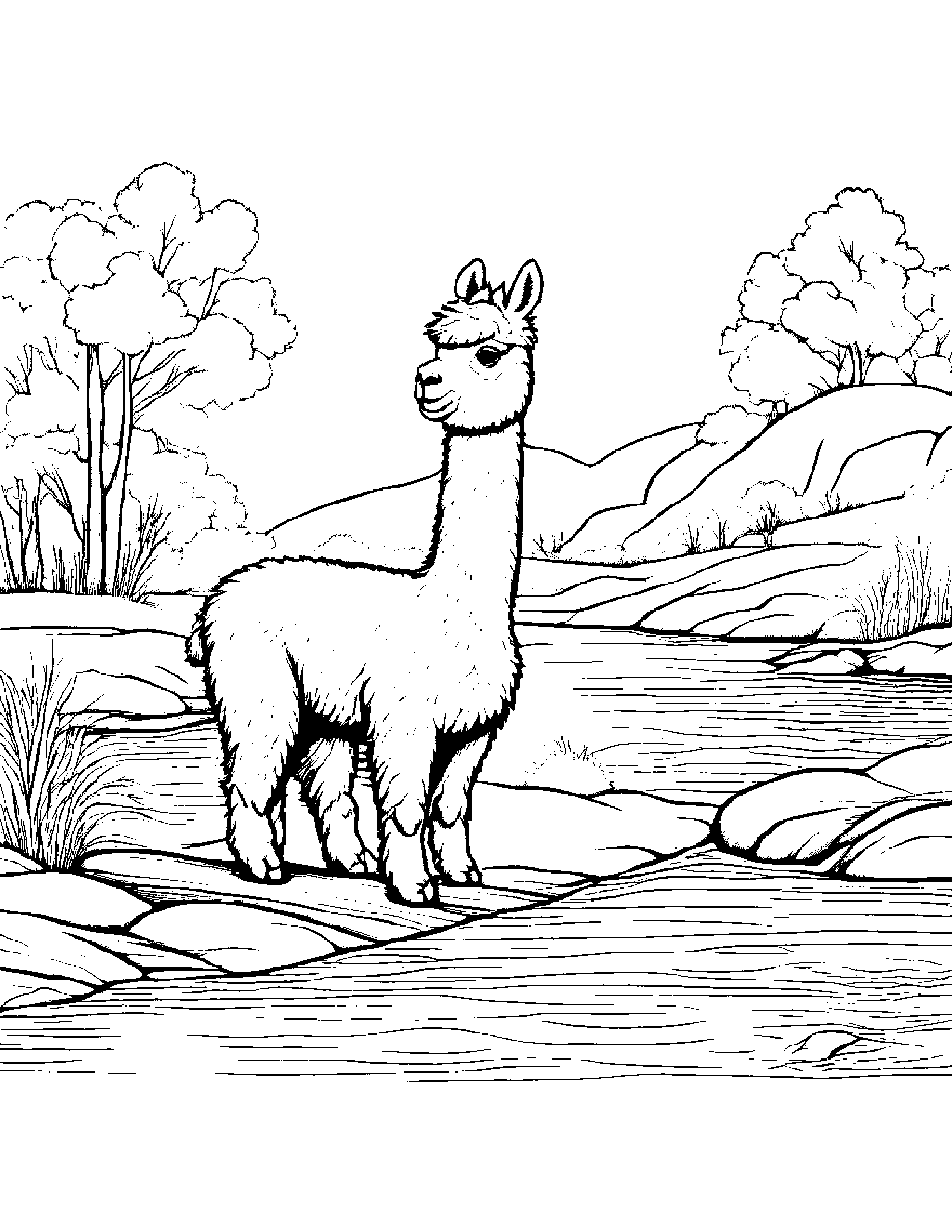 Alpaca Balancing On A Line Near A Gentle Stream #3 Coloring Page (Free Printable PDF)
