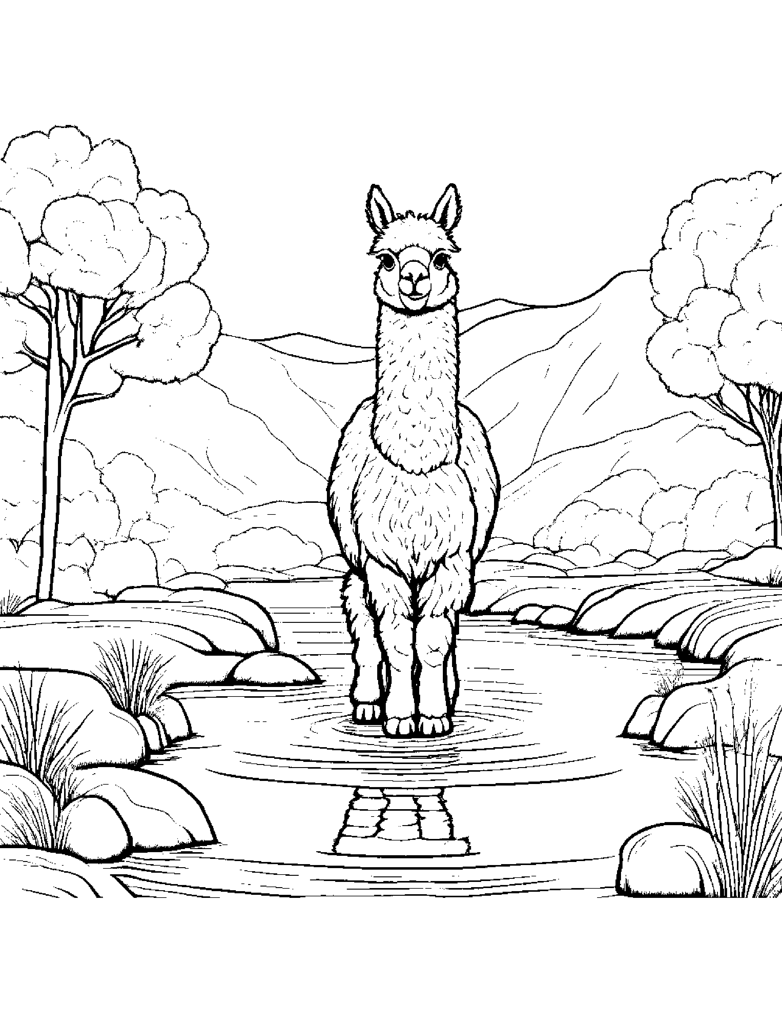 Alpaca Balancing On A Line Near A Gentle Stream Coloring Page (Free Printable PDF)