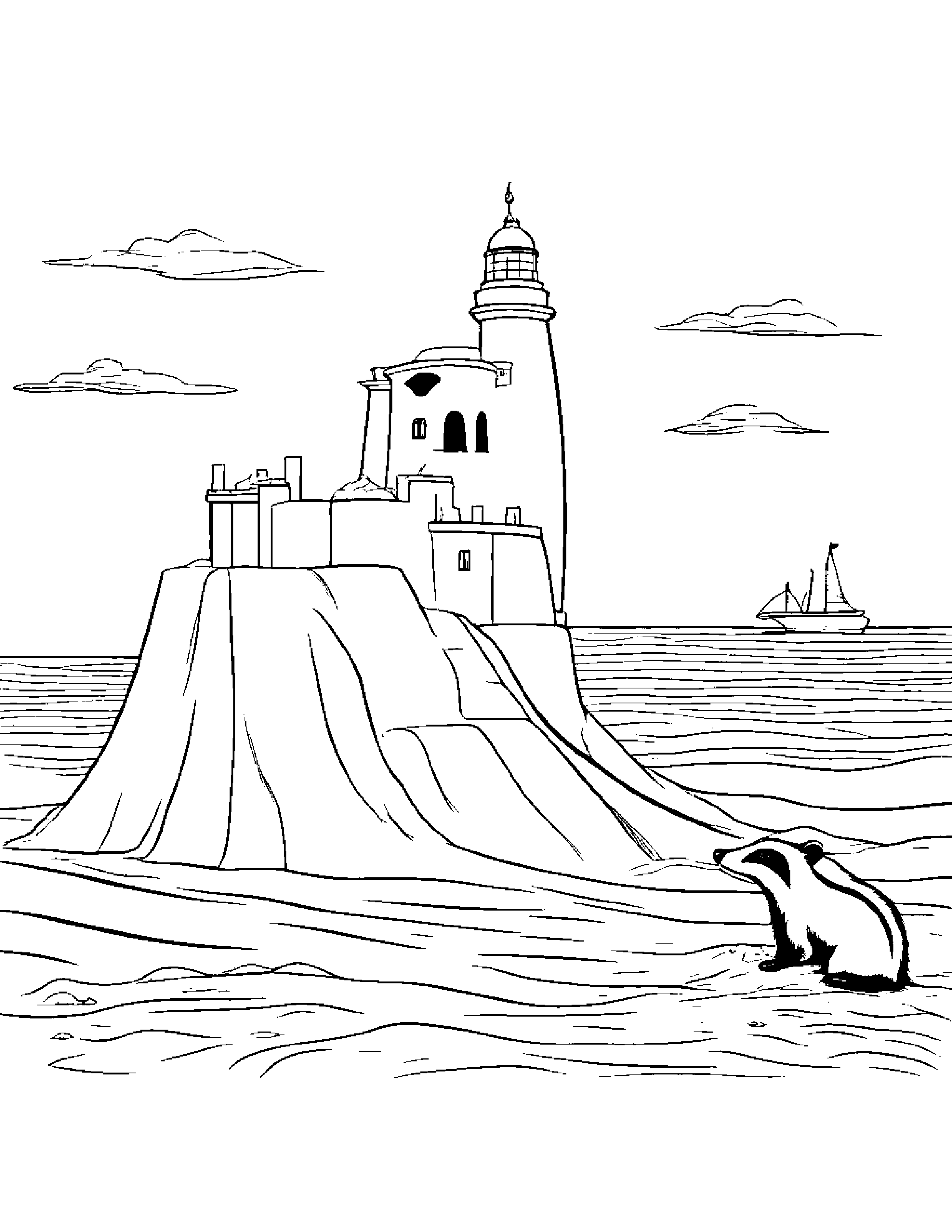 Badger Building A Sandcastle Near A Lighthouse #3 Coloring Page (Free Printable PDF)