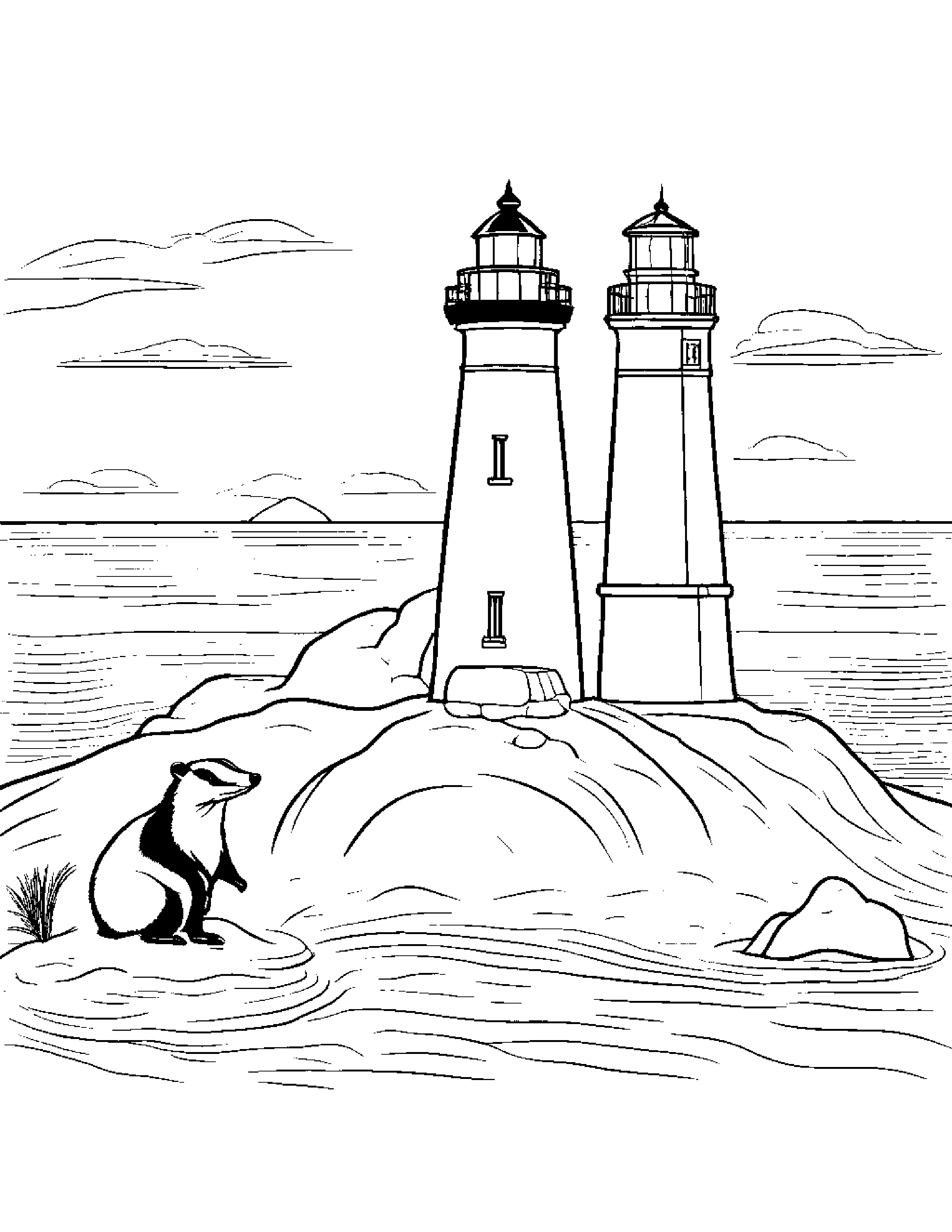 Badger Building A Sandcastle Near A Lighthouse Coloring Page (Free Printable PDF)