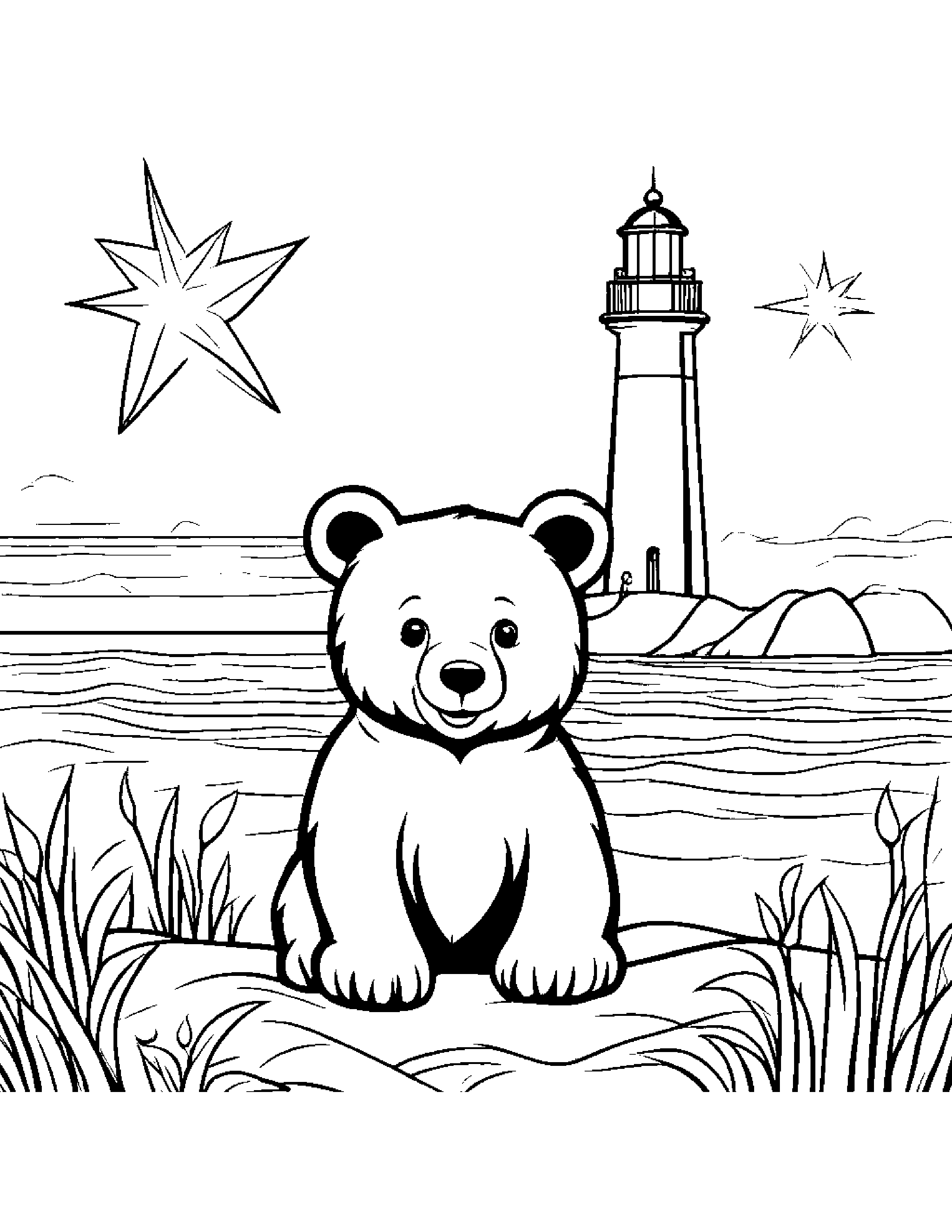 Bear Cub With A Friendly Star Near A Lighthouse #2 Coloring Page (Free Printable PDF)