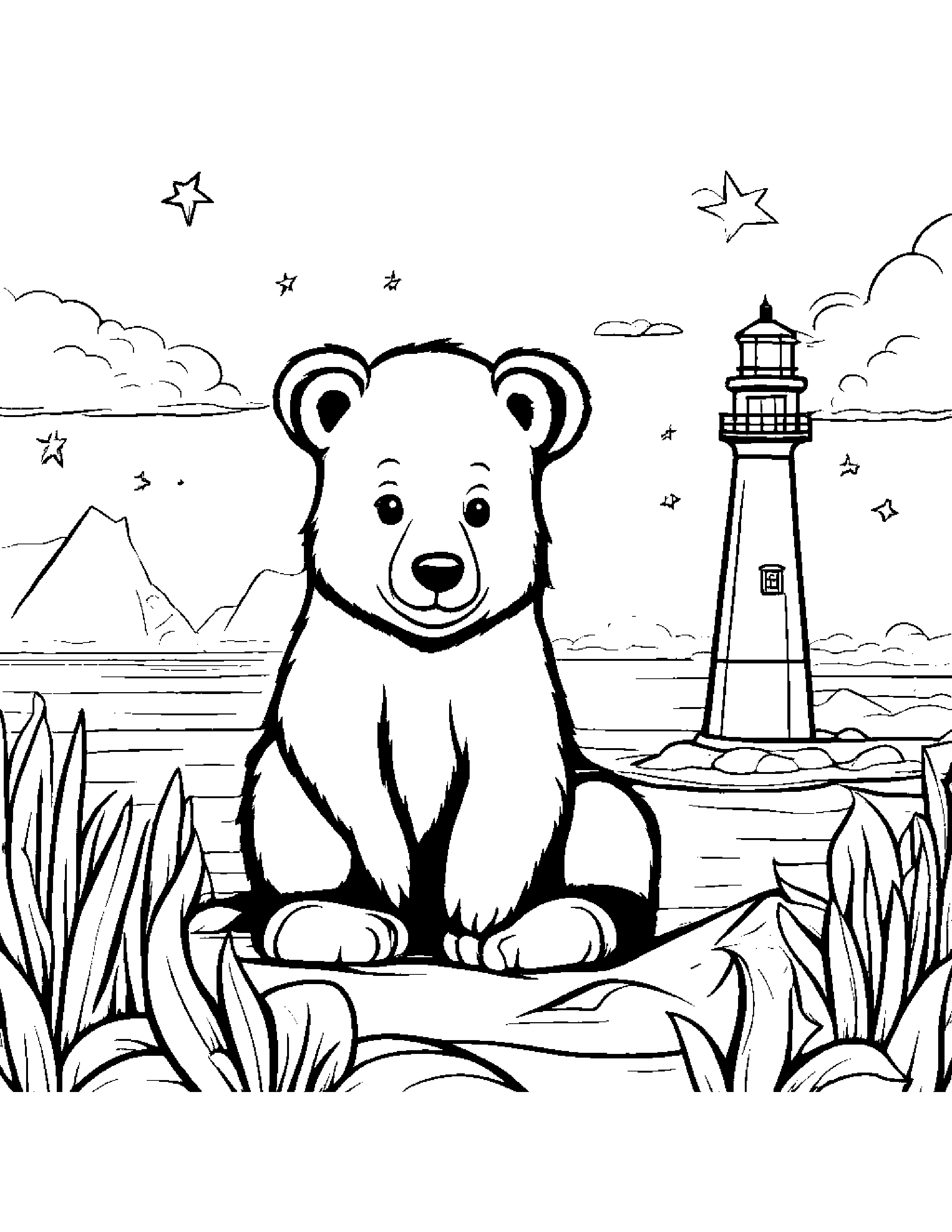 Bear Cub With A Friendly Star Near A Lighthouse #3 Coloring Page (Free Printable PDF)