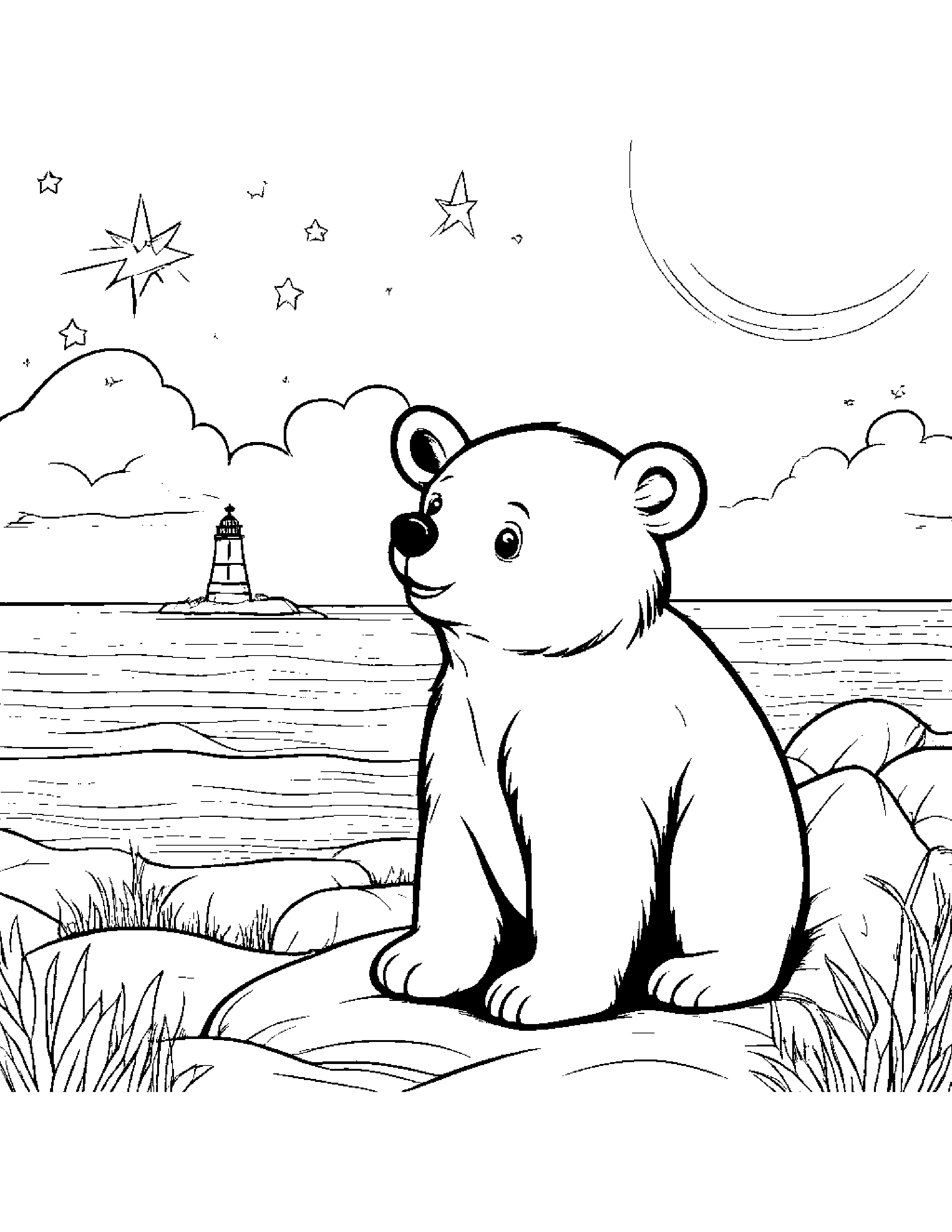 Bear Cub With A Friendly Star Near A Lighthouse #4 Coloring Page (Free Printable PDF)
