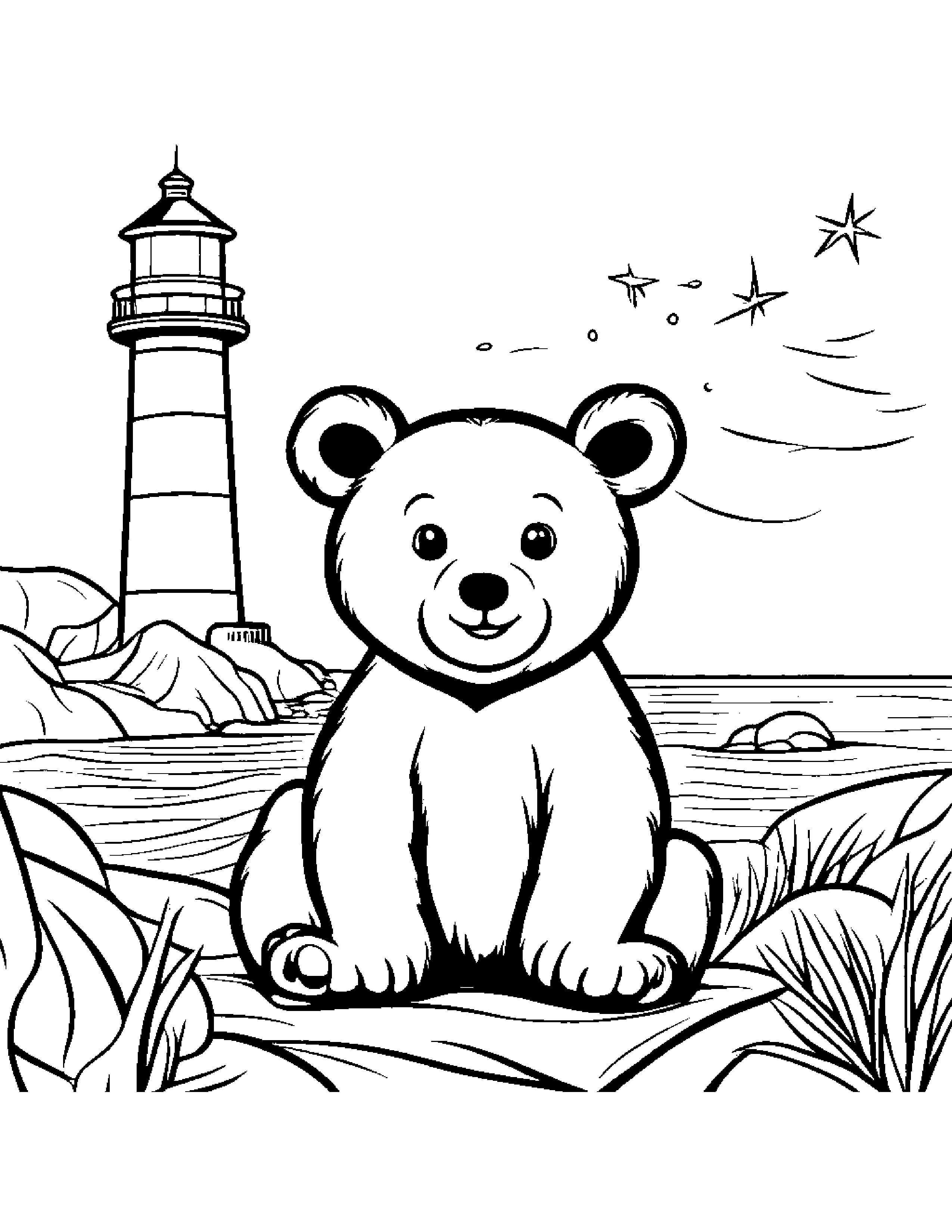 Bear Cub With A Friendly Star Near A Lighthouse #5 Coloring Page (Free Printable PDF)