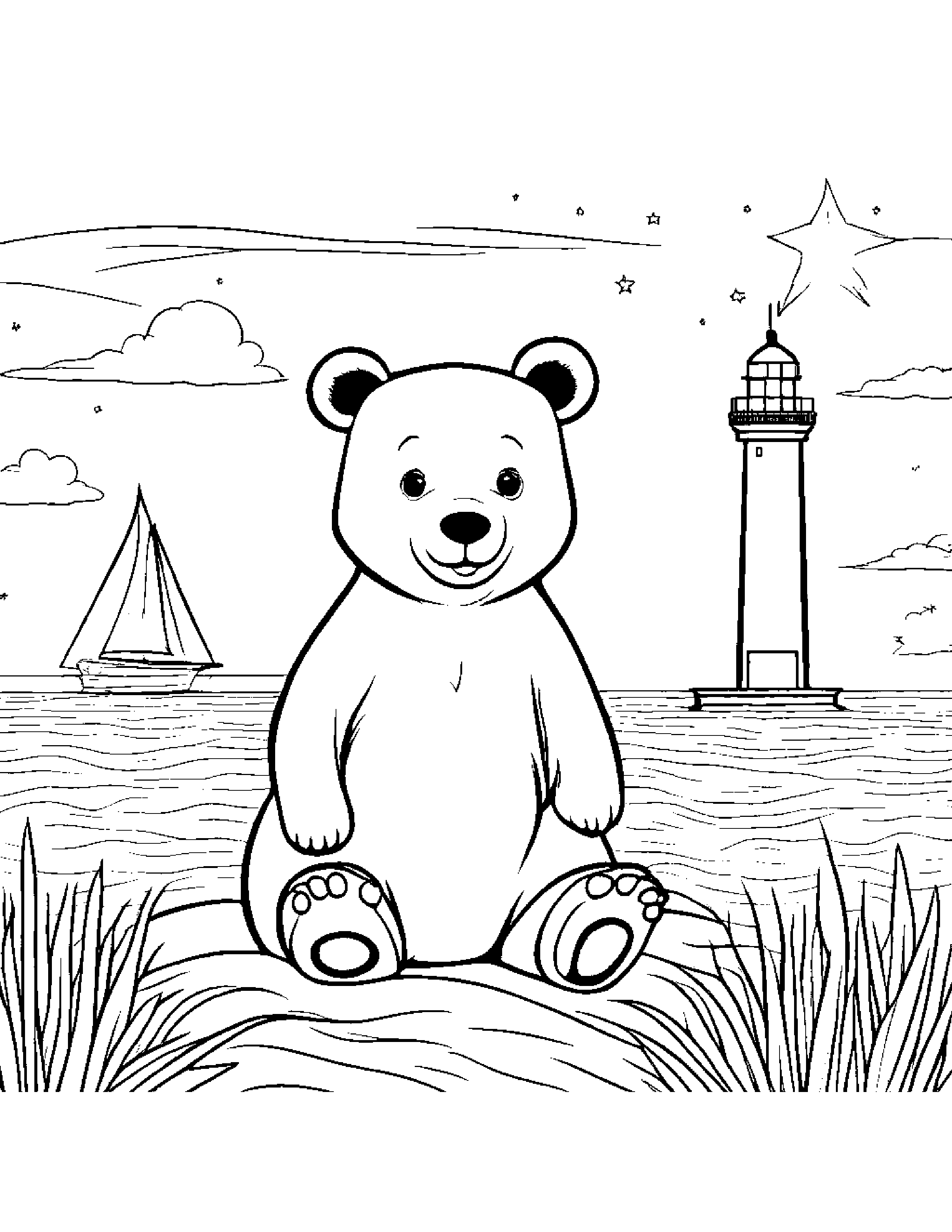 Bear Cub With A Friendly Star Near A Lighthouse Coloring Page (Free Printable PDF)