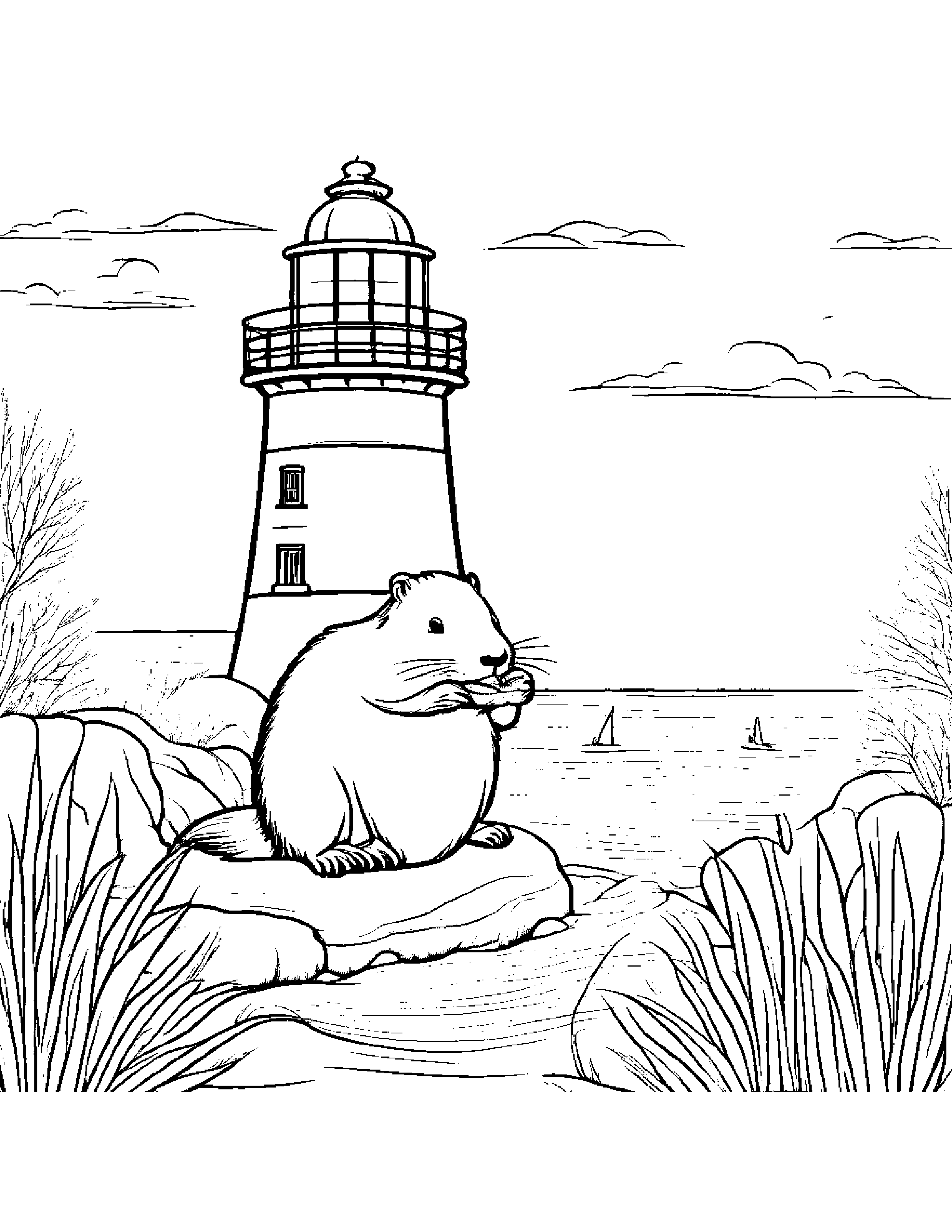 Beaver Planting A Seed Near A Lighthouse #2 Coloring Page (Free Printable PDF)