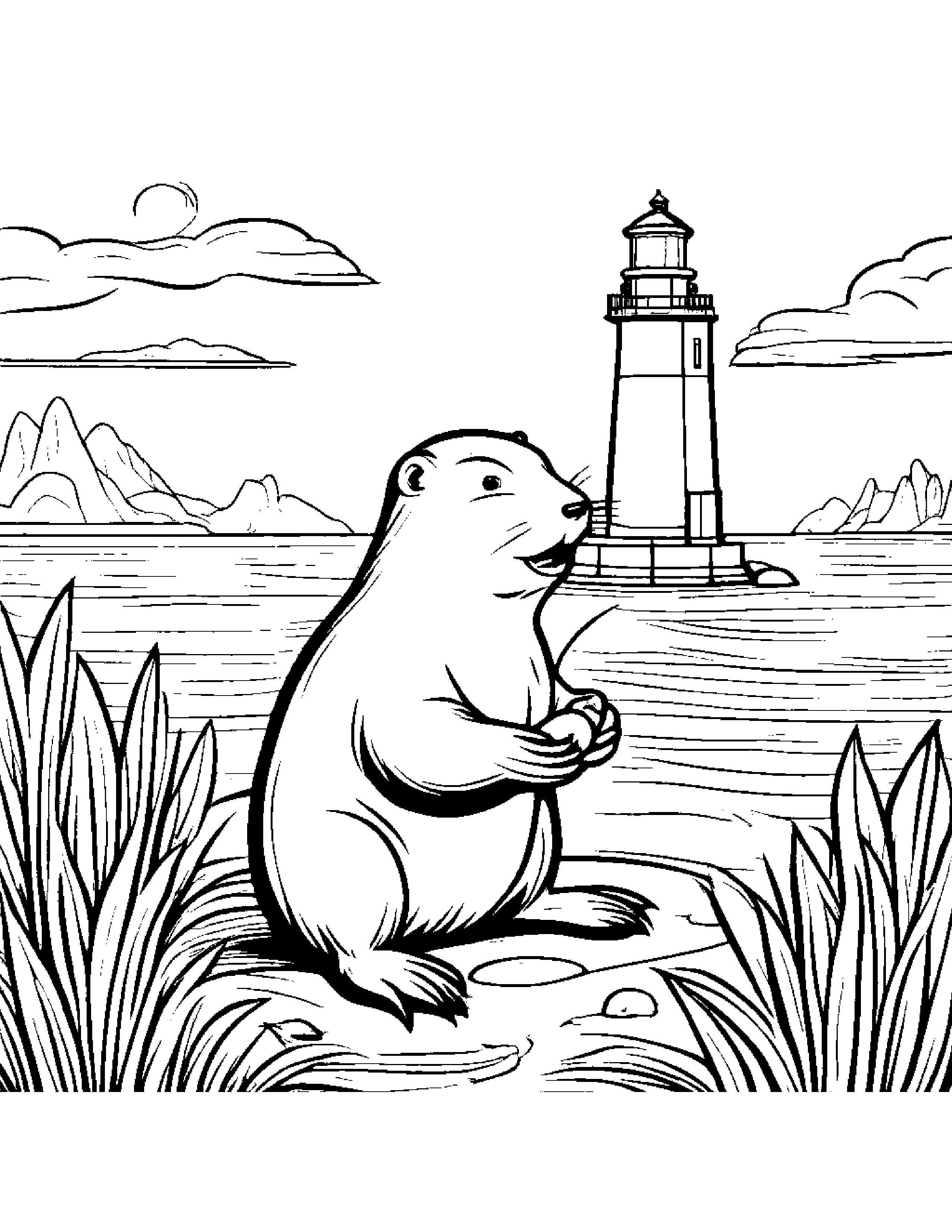 Beaver Planting A Seed Near A Lighthouse #3 Coloring Page (Free Printable PDF)