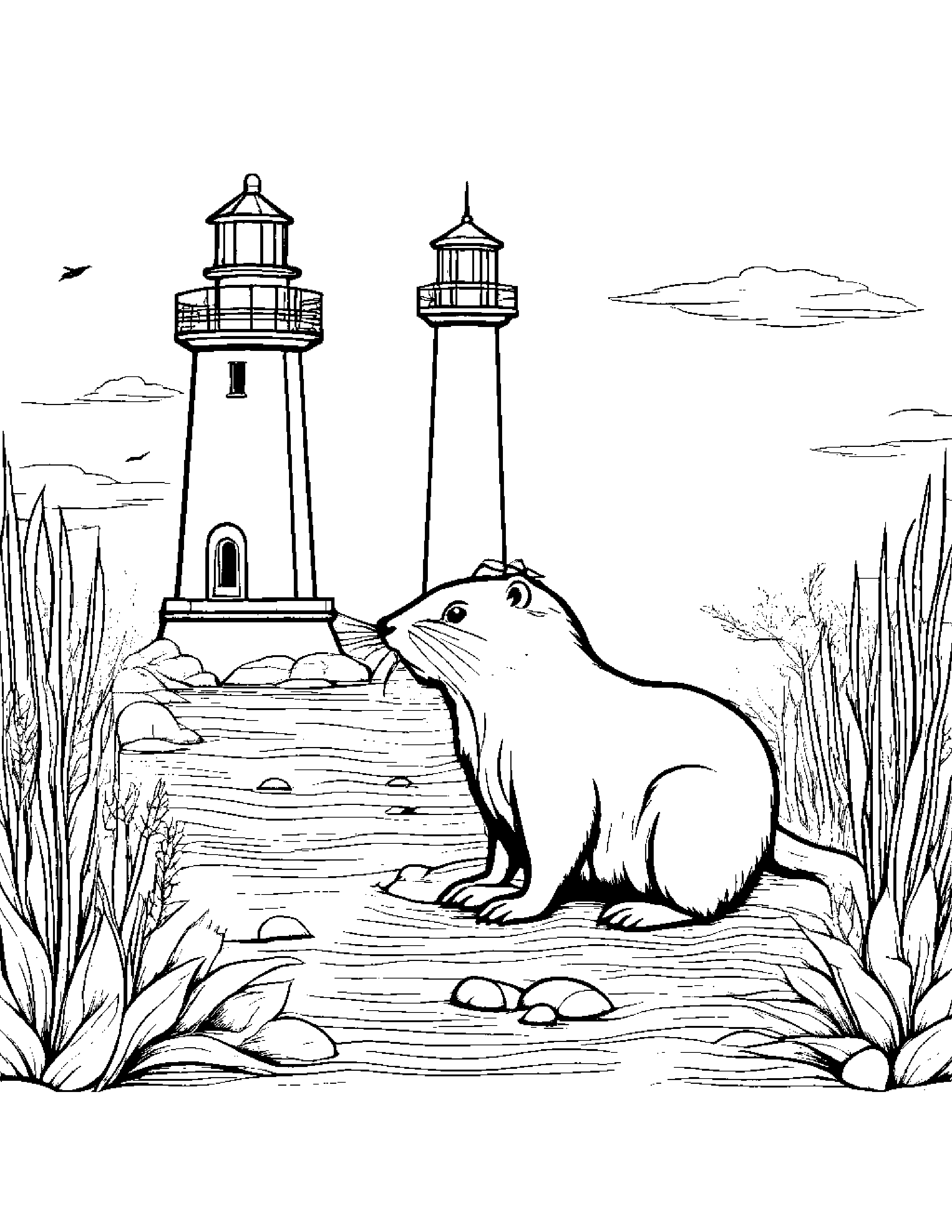 Beaver Planting A Seed Near A Lighthouse #4 Coloring Page (Free Printable PDF)