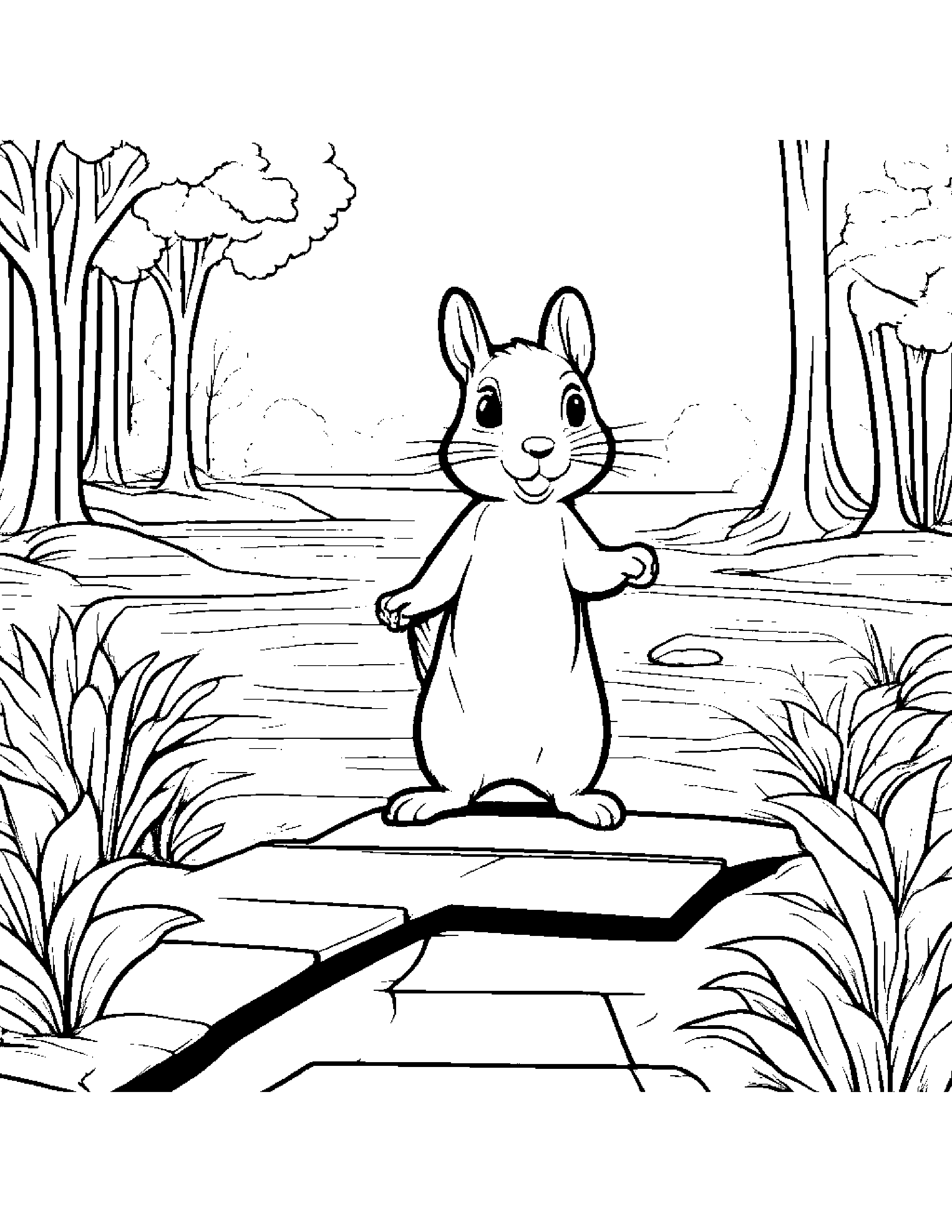 Brave Squirrel Playing Hopscotch Near A Gentle Stream #2 Coloring Page (Free Printable PDF)