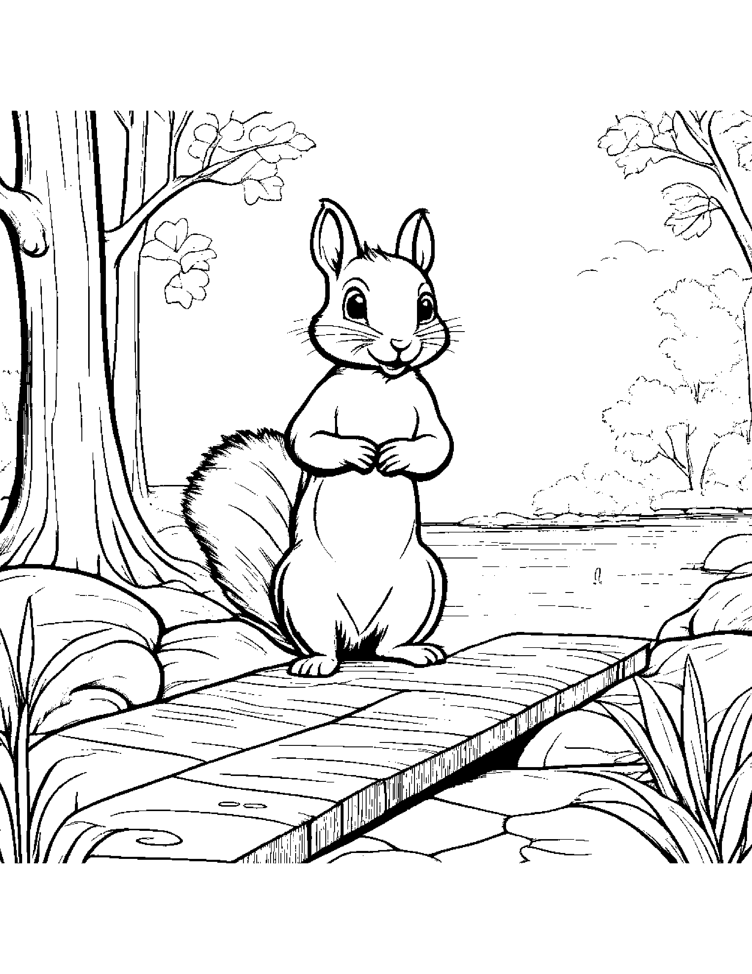 Brave Squirrel Playing Hopscotch Near A Gentle Stream Coloring Page (Free Printable PDF)