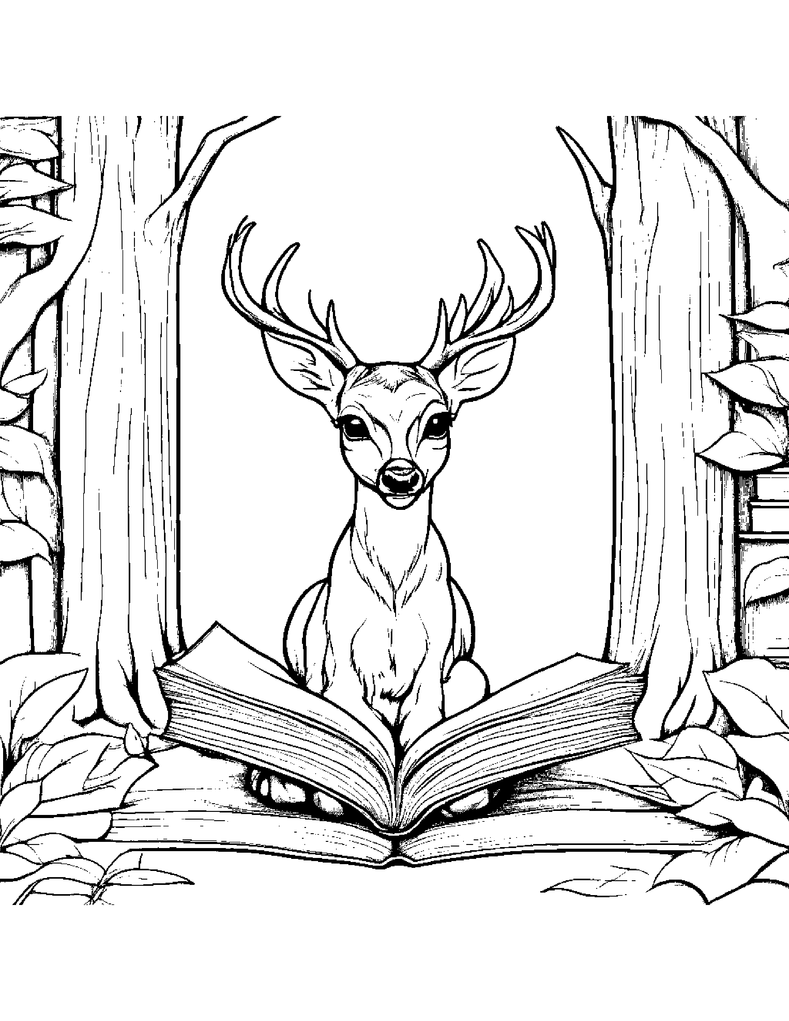 Bright Deer Fawn Reading A Storybook By A Reading Nook #2 Coloring Page (Free Printable PDF)