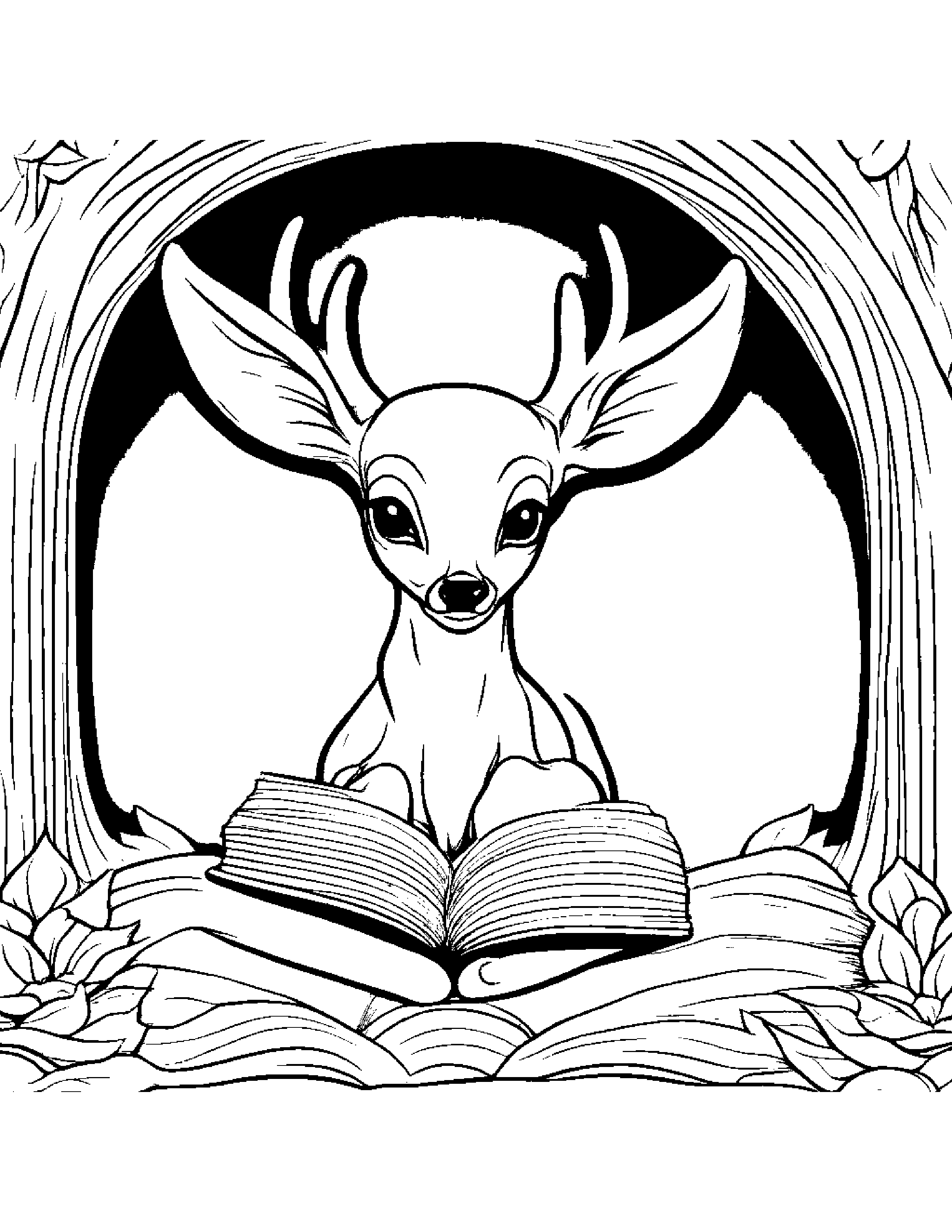 Bright Deer Fawn Reading A Storybook By A Reading Nook #3 Coloring Page (Free Printable PDF)